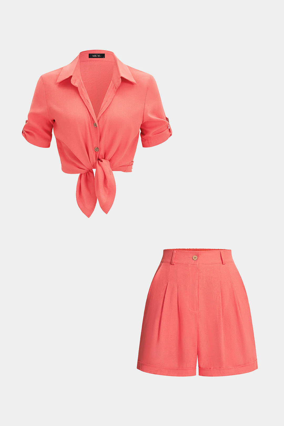 Lapel Button Short Sleeve Shirt And High Waist Shorts Set