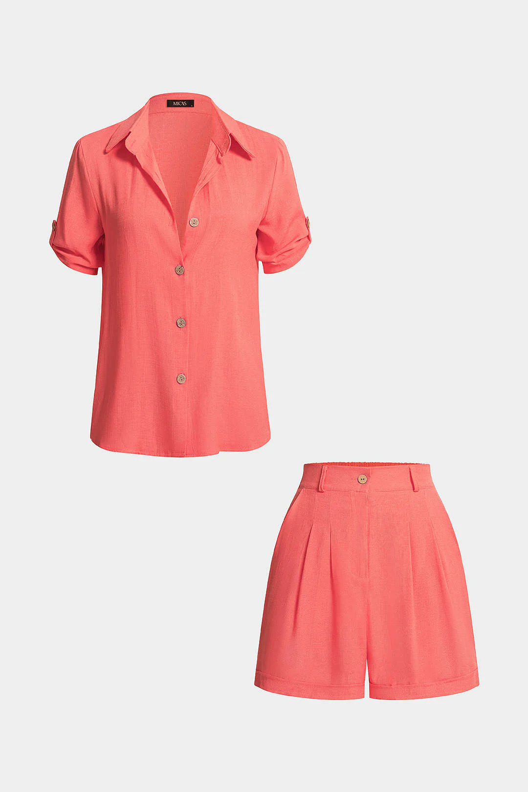 Lapel Button Short Sleeve Shirt And High Waist Shorts Set - Image 2