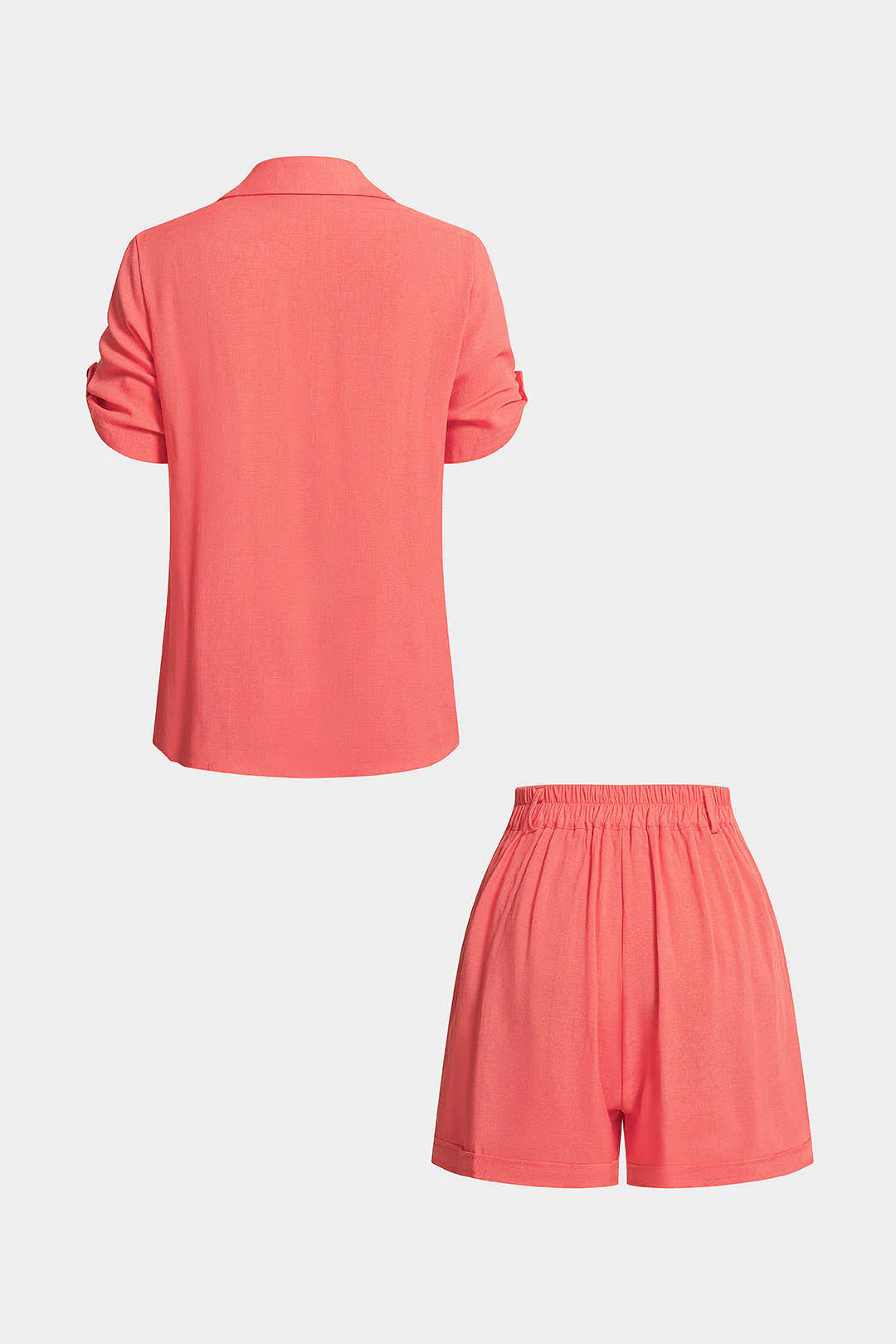 Lapel Button Short Sleeve Shirt And High Waist Shorts Set - Image 3