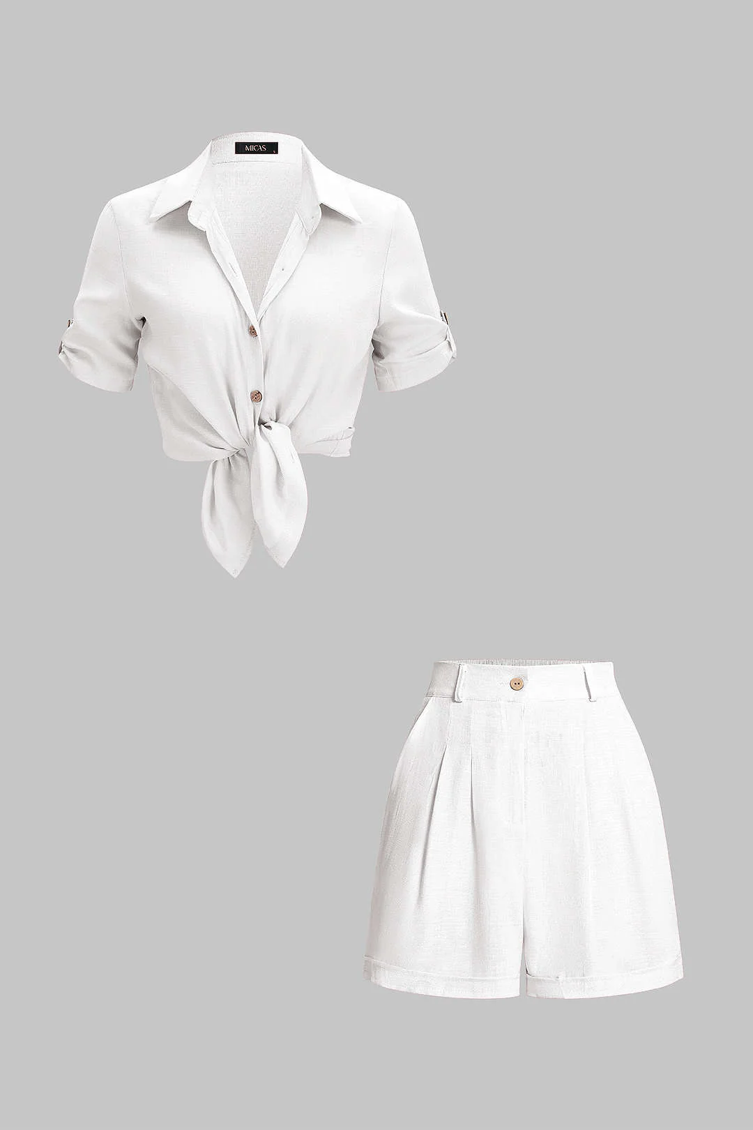 Lapel Button Short Sleeve Shirt And High Waist Shorts Set - Image 6