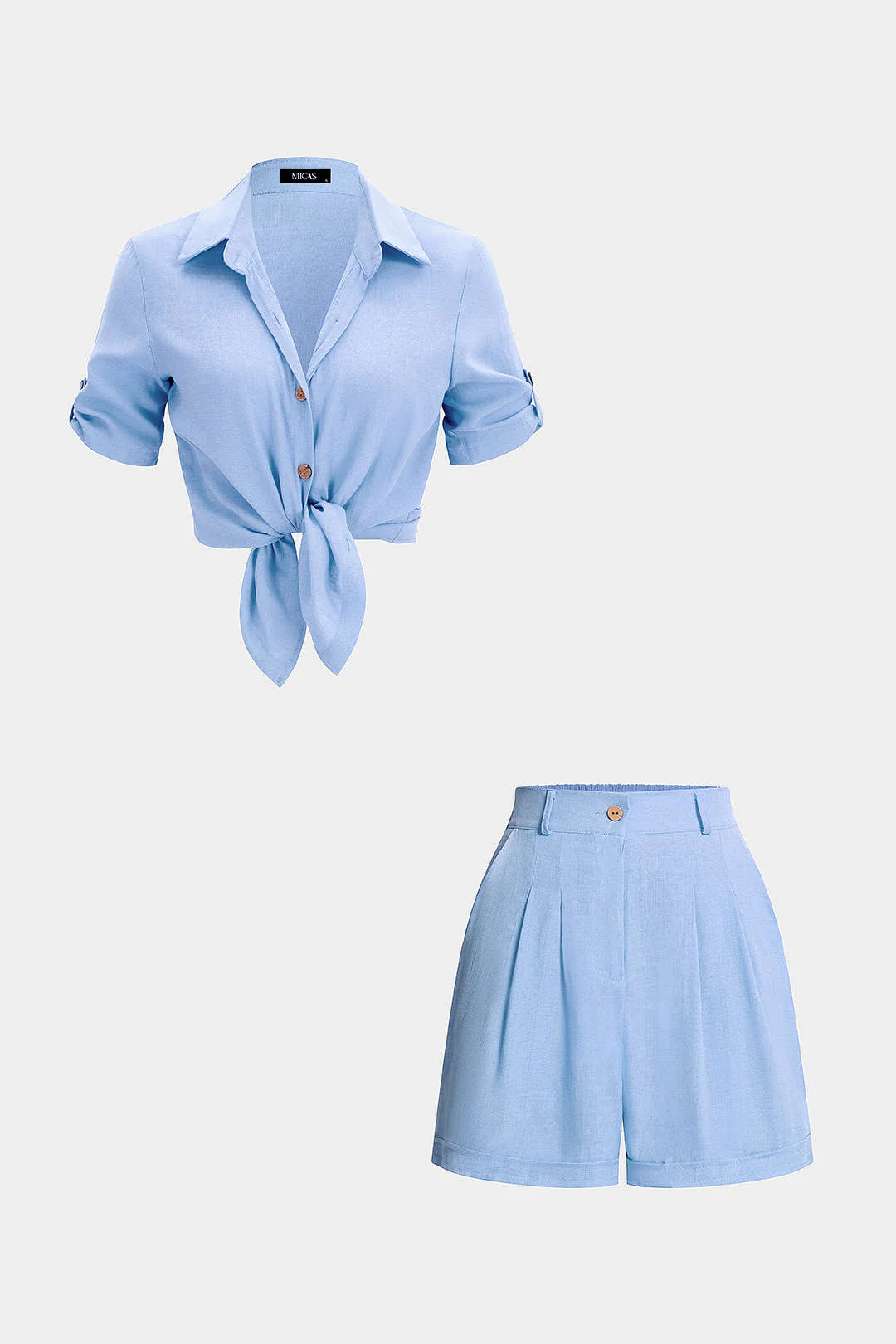 Lapel Button Short Sleeve Shirt And High Waist Shorts Set - Image 7