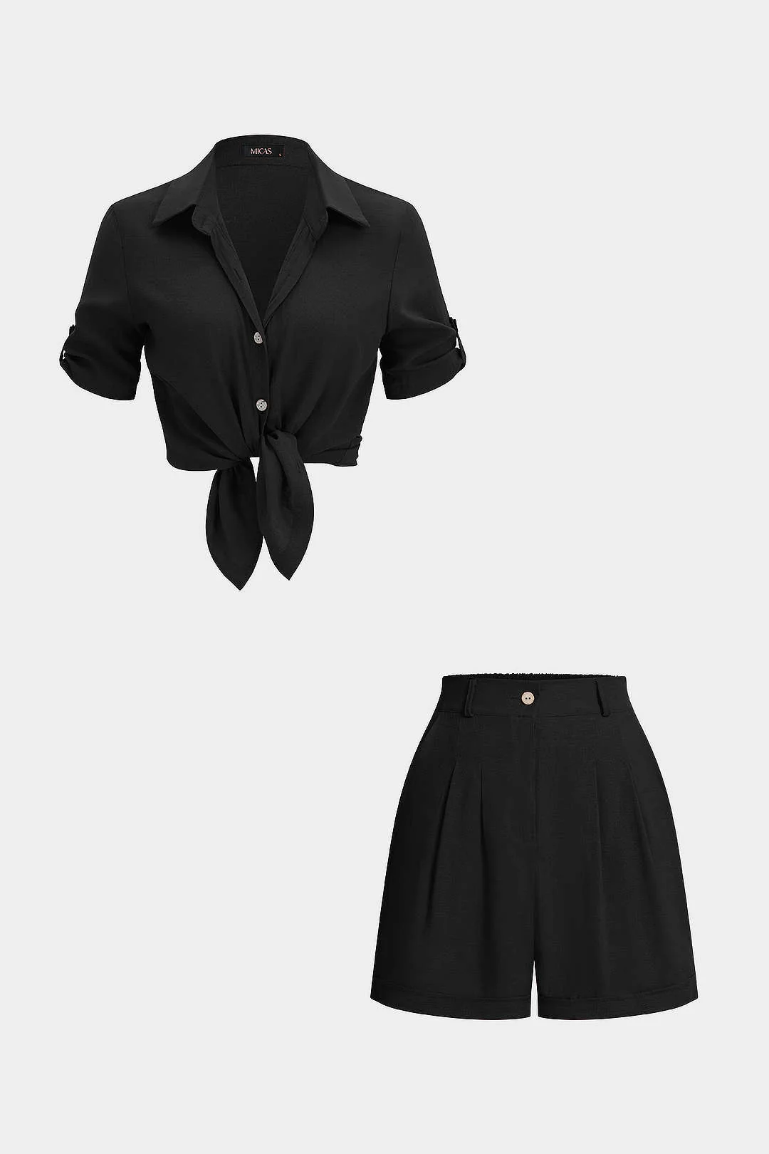 Lapel Button Short Sleeve Shirt And High Waist Shorts Set - Image 8