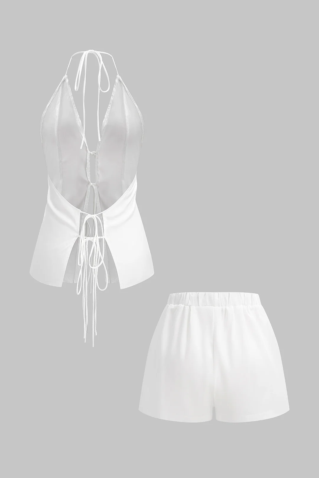 Satin Halter V-Neck Tie-Up Backless Top And High Waist Shorts Set - Image 2