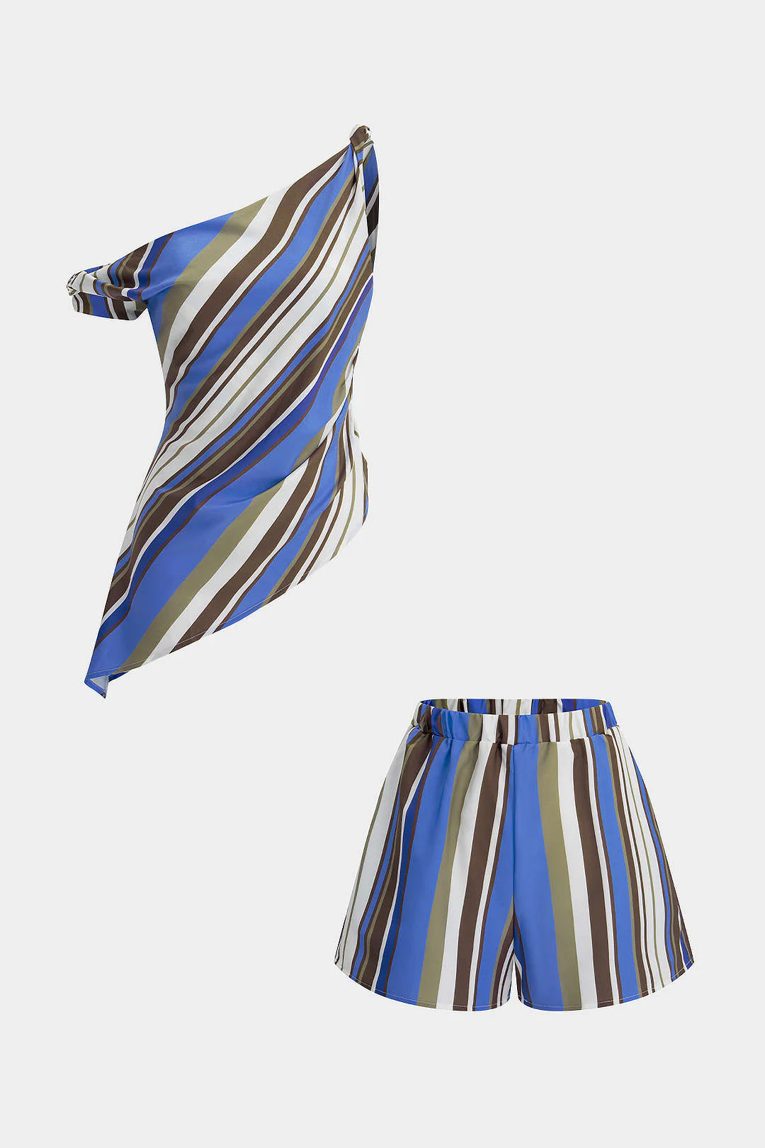 Stripes Print One Shoulder Twist Knot Tank Top And Shorts Set - Image 2