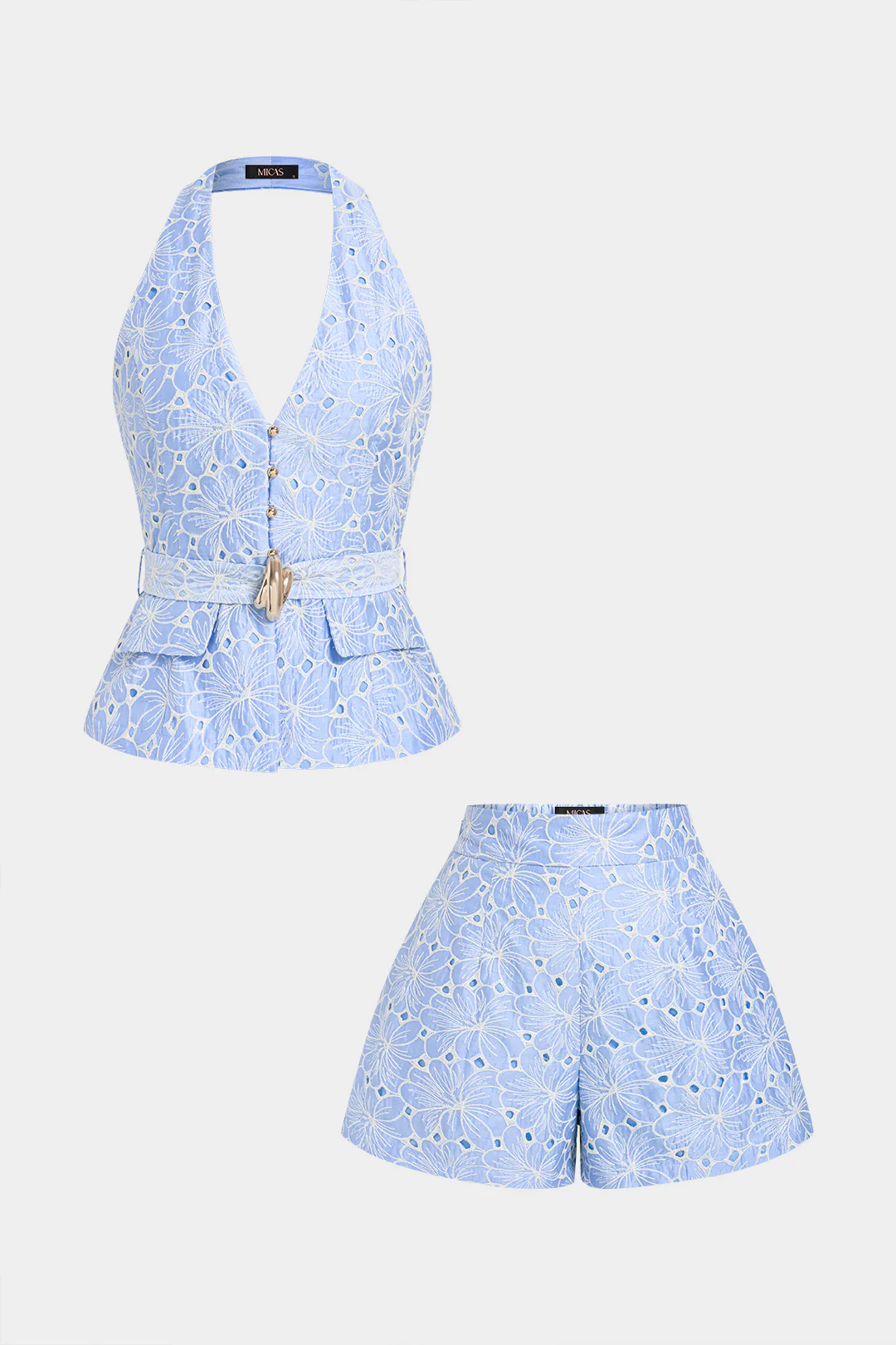 Floral Textured Halter V-Neck Belted Tank Top And Wide Leg Set - Image 2