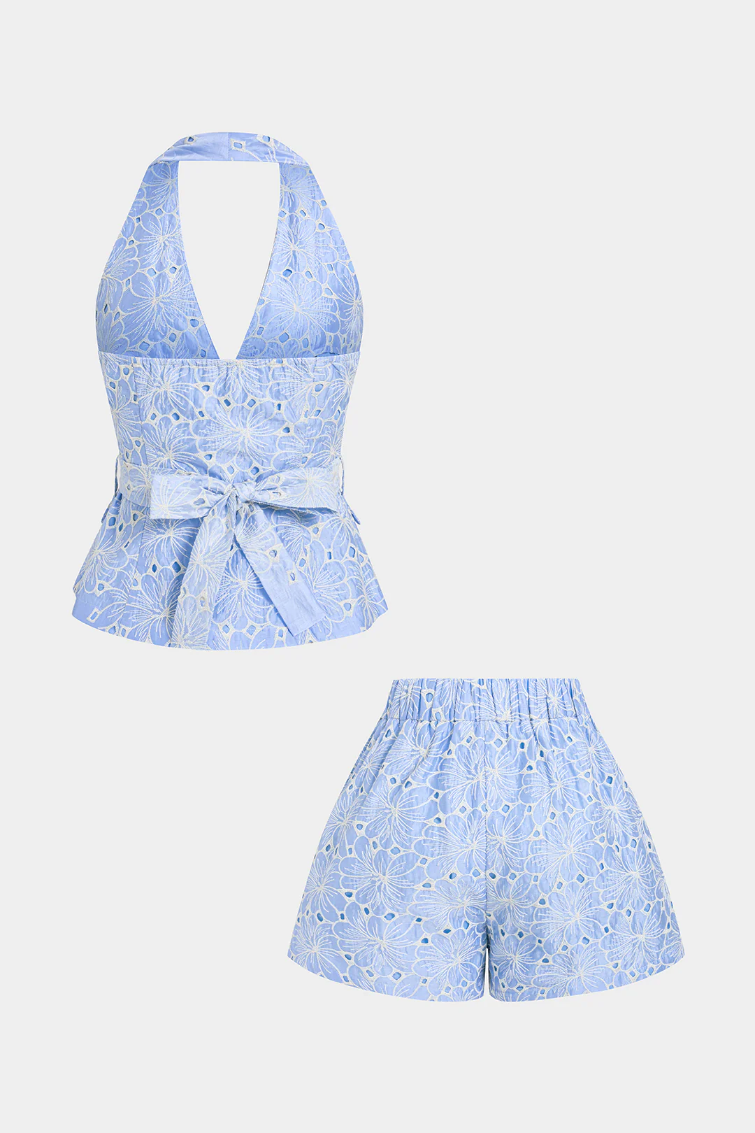 Floral Textured Halter V-Neck Belted Tank Top And Wide Leg Set - Image 3