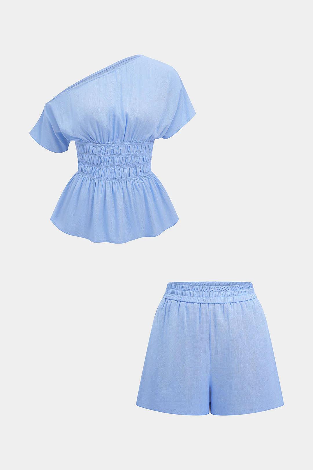 Linen One Shoulder Shirred Top And Shorts Set