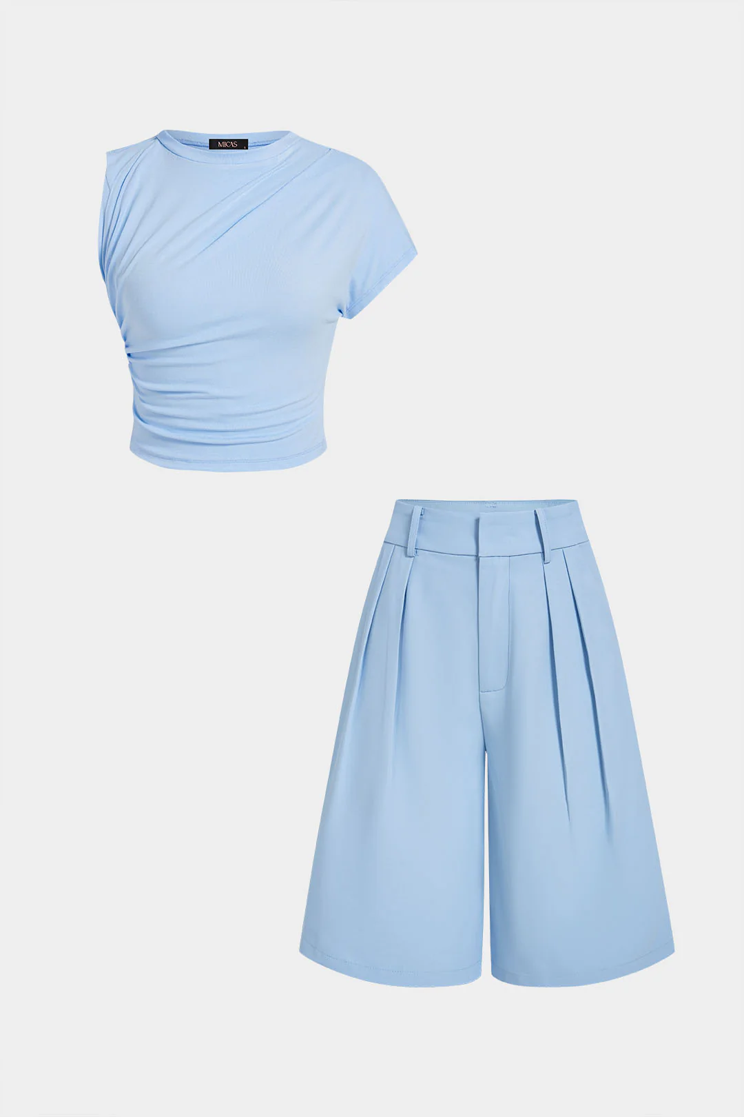 Asymmetrical Ruched Top And Pleated Wide Leg Shorts Set
