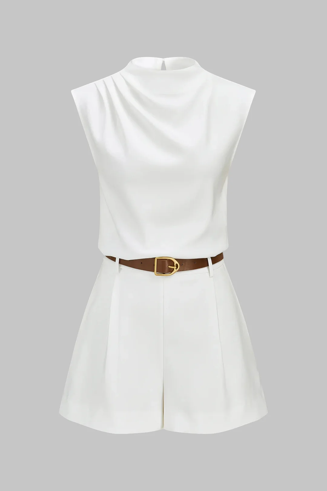 Solid Ruched Tank Top And Belted Wide Leg Shorts Set - Image 2