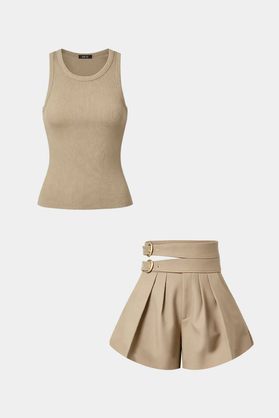 Round Neck Tank Top And High Waist Cut Out Belted Pleated Shorts Set