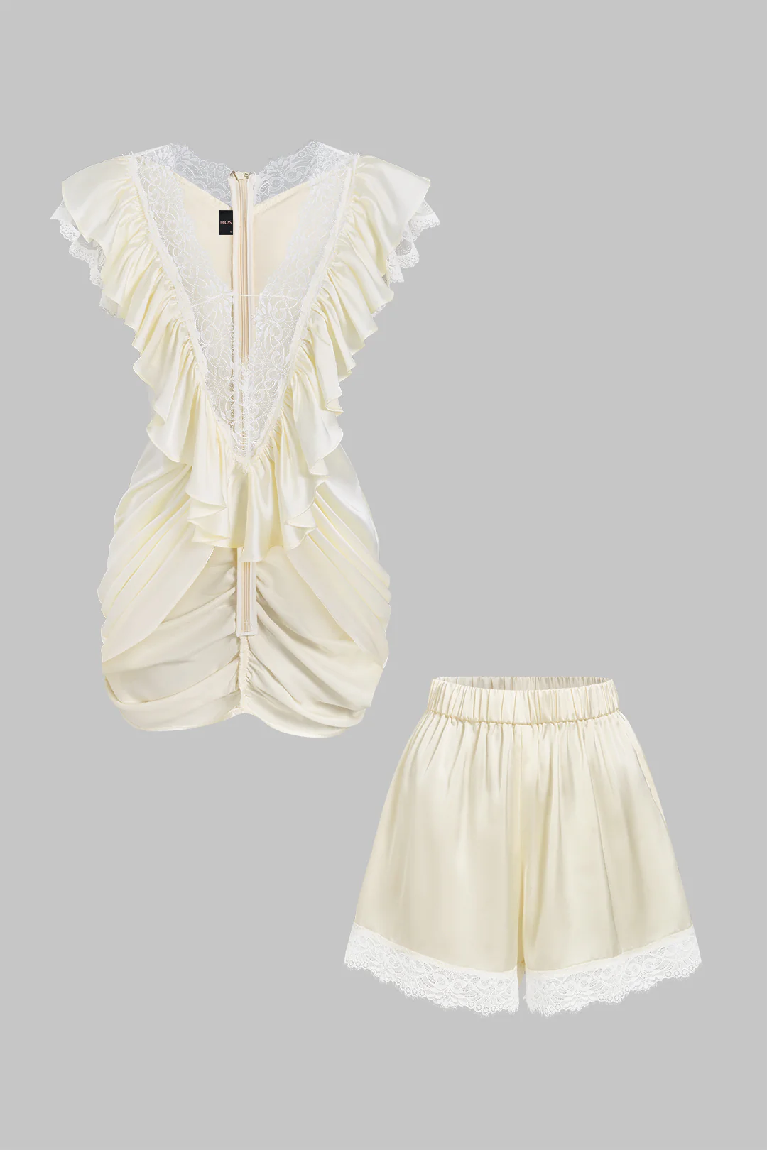 Stain Patchwork Lace V-Neck Ruffle Ruched Top And Shorts Set - Image 7