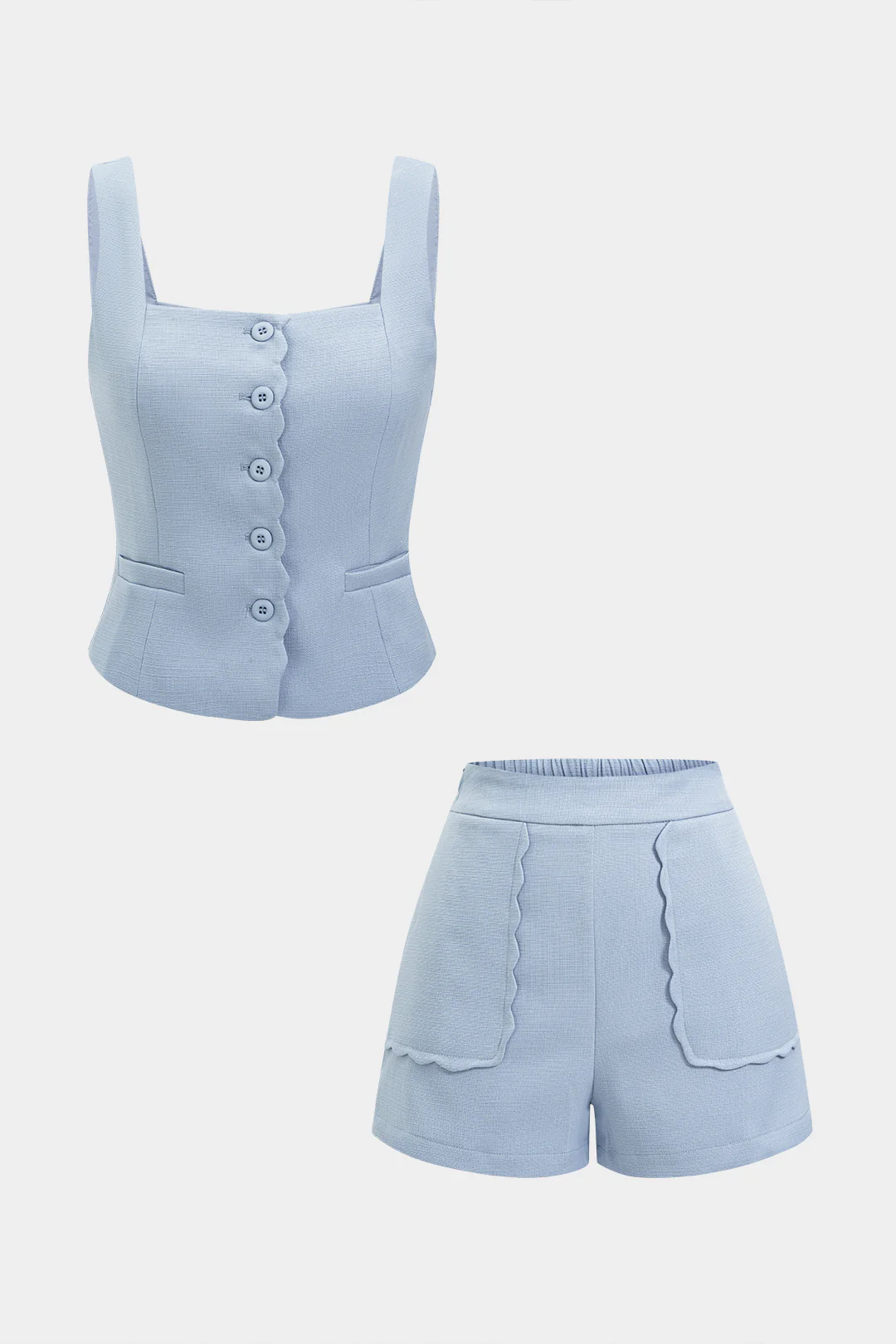Square Neck Button Tank Top And Shirred Shorts Set
