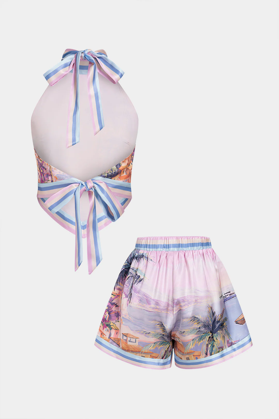Artistic Floral Print Halter Neck Tie-Up Top And Shorts Set - Image 2