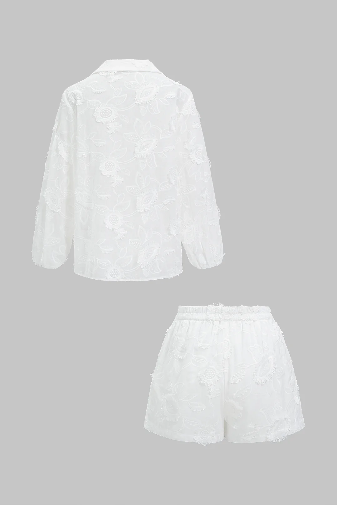 Solid Floral Embroidery Frayed Long Sleeve Shirt And Tie-Up Shorts Set - Image 7