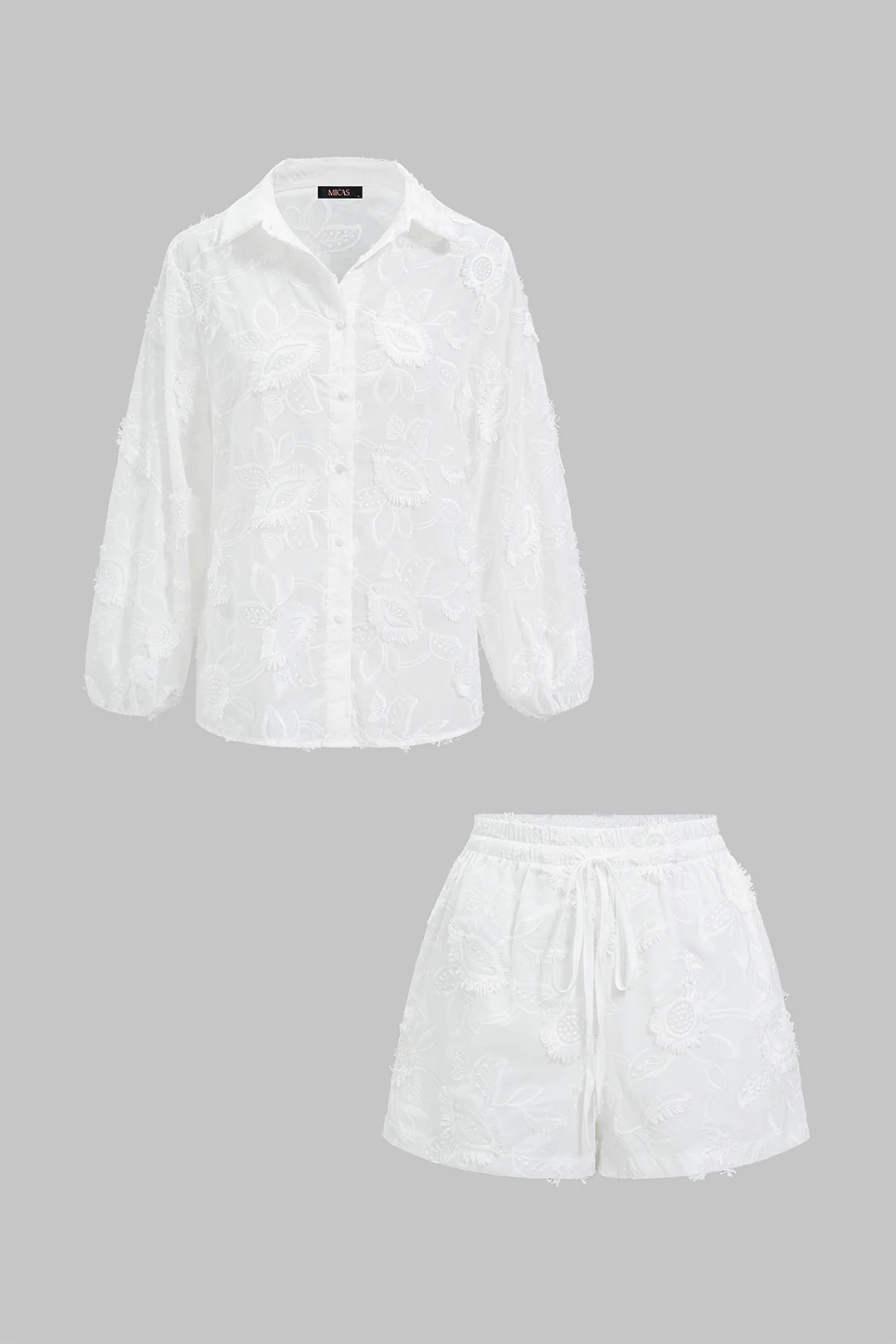 Solid Floral Embroidery Frayed Long Sleeve Shirt And Tie-Up Shorts Set - Image 8