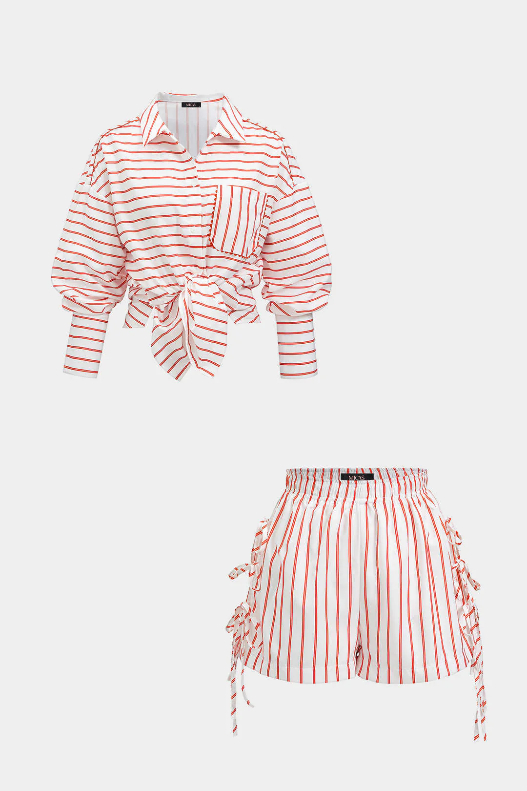 Stripes Print Lapel Long Sleeve Shirt And Tie-Up Shorts Set