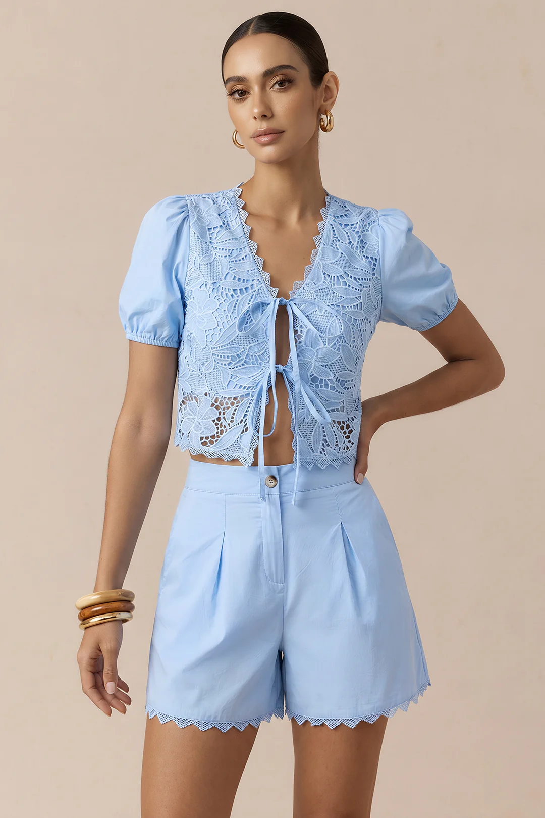 Lace Patchwork V-Neck Bow Short Sleeve Top And Shorts Set