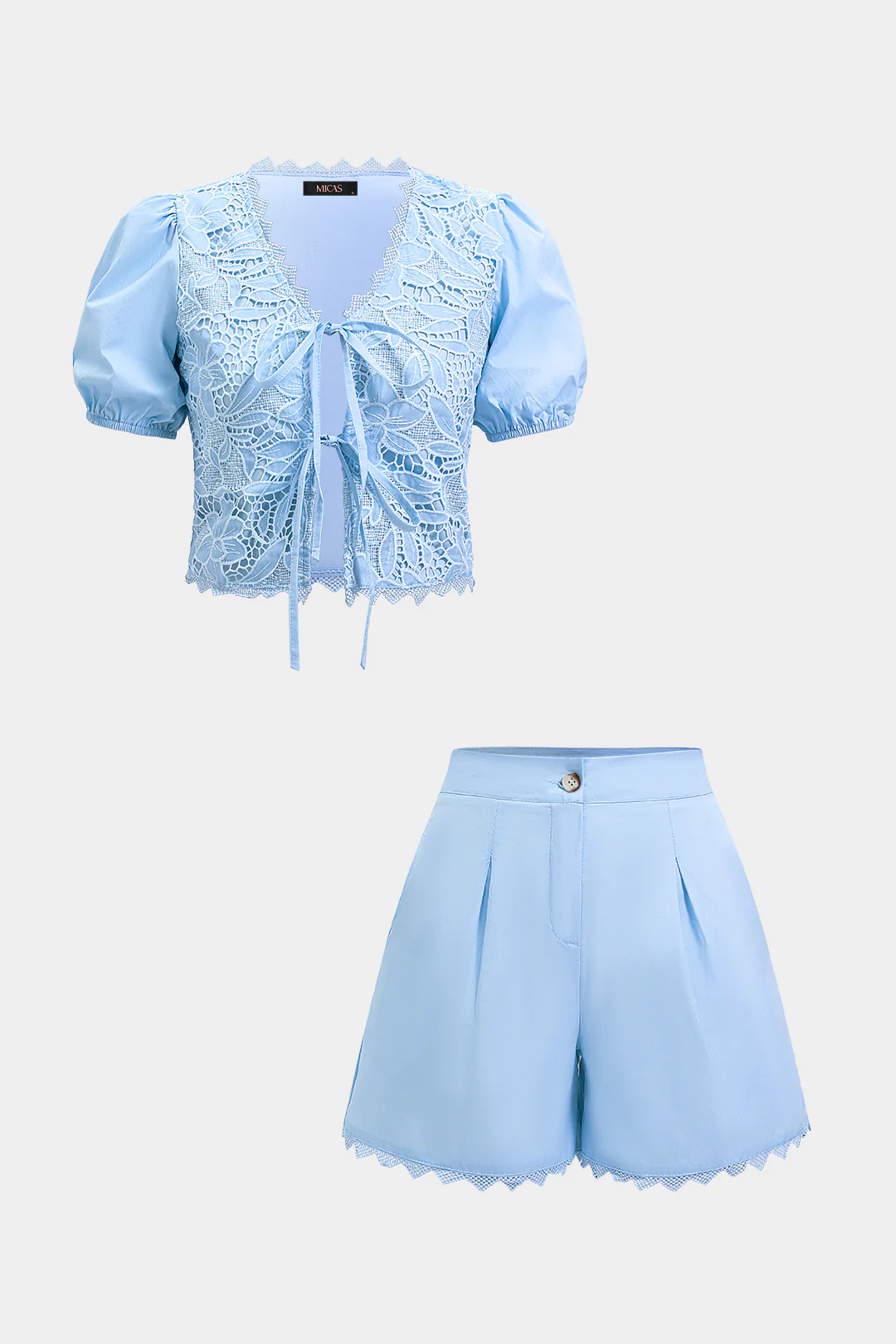 Lace Patchwork V-Neck Bow Short Sleeve Top And Shorts Set - Image 2