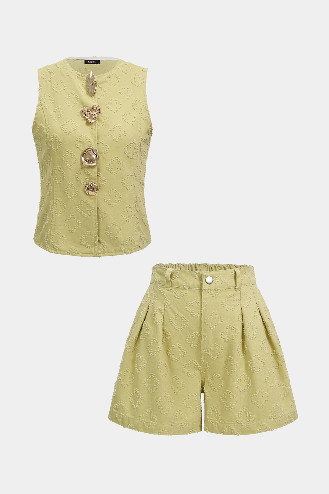 Textured Metallic Irregular Button Tank Top And High Waist Shorts Set