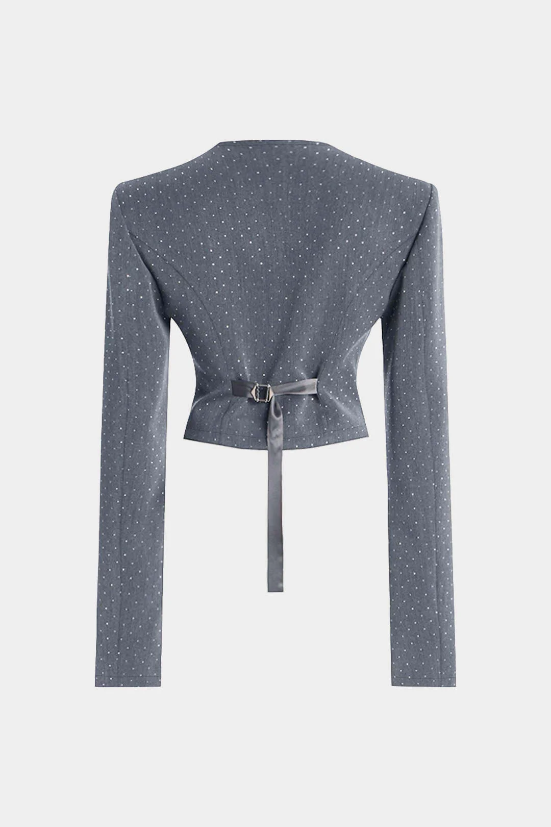 Diamond Print Zipper Belted Long-Sleeve Top - Image 2