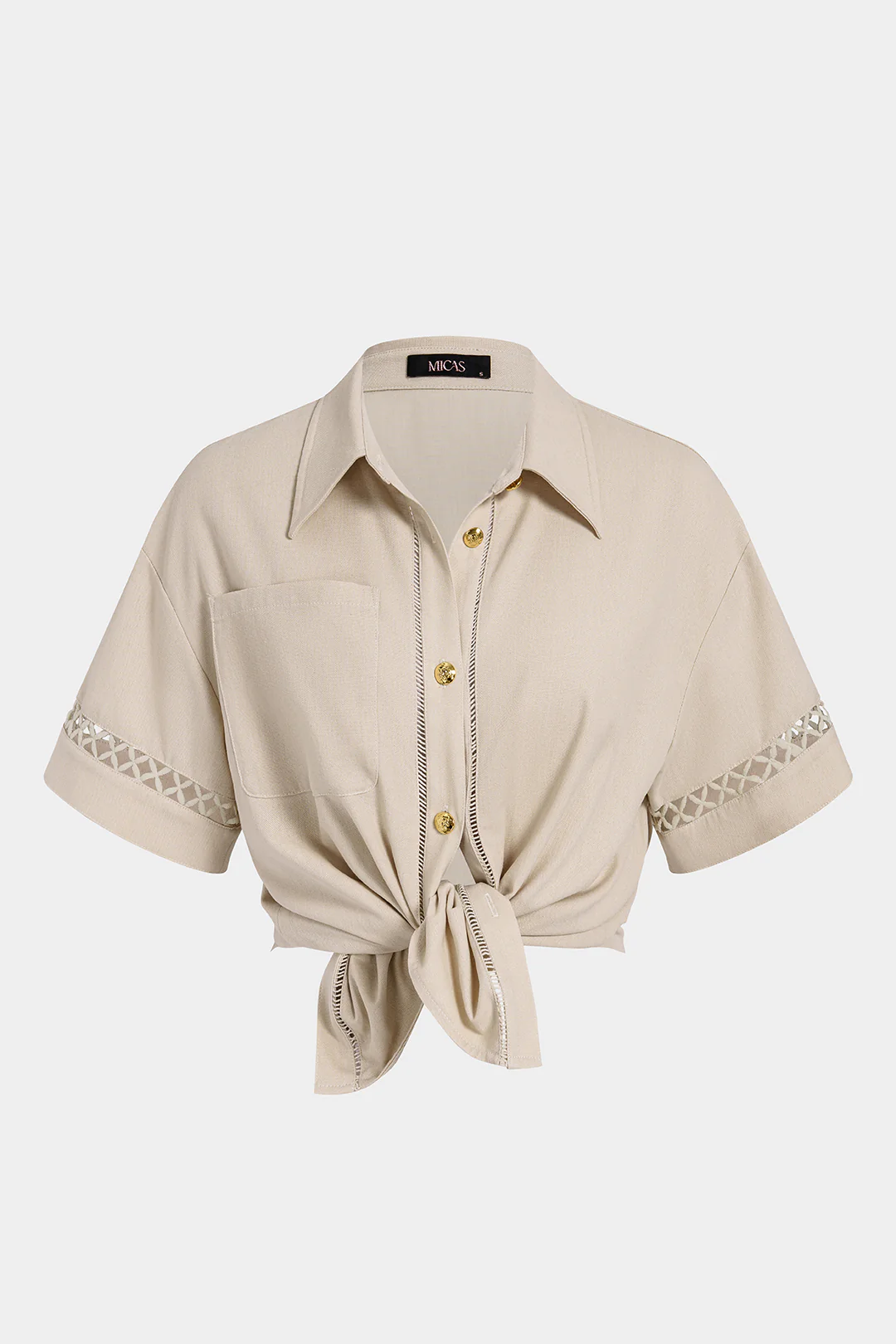 Lace Trim Cut Out Button Short Sleeve Shirt - Image 2