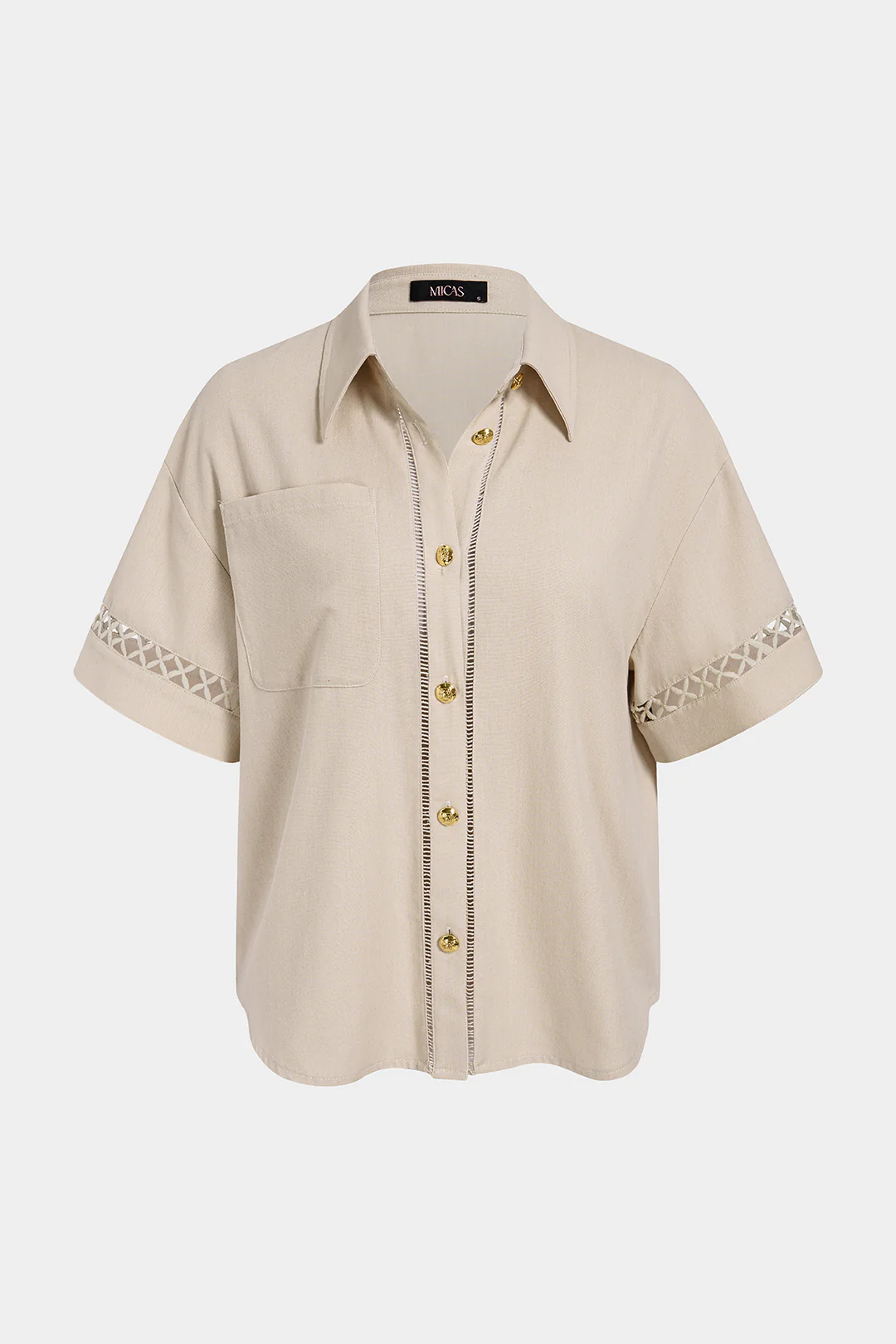 Lace Trim Cut Out Button Short Sleeve Shirt - Image 3