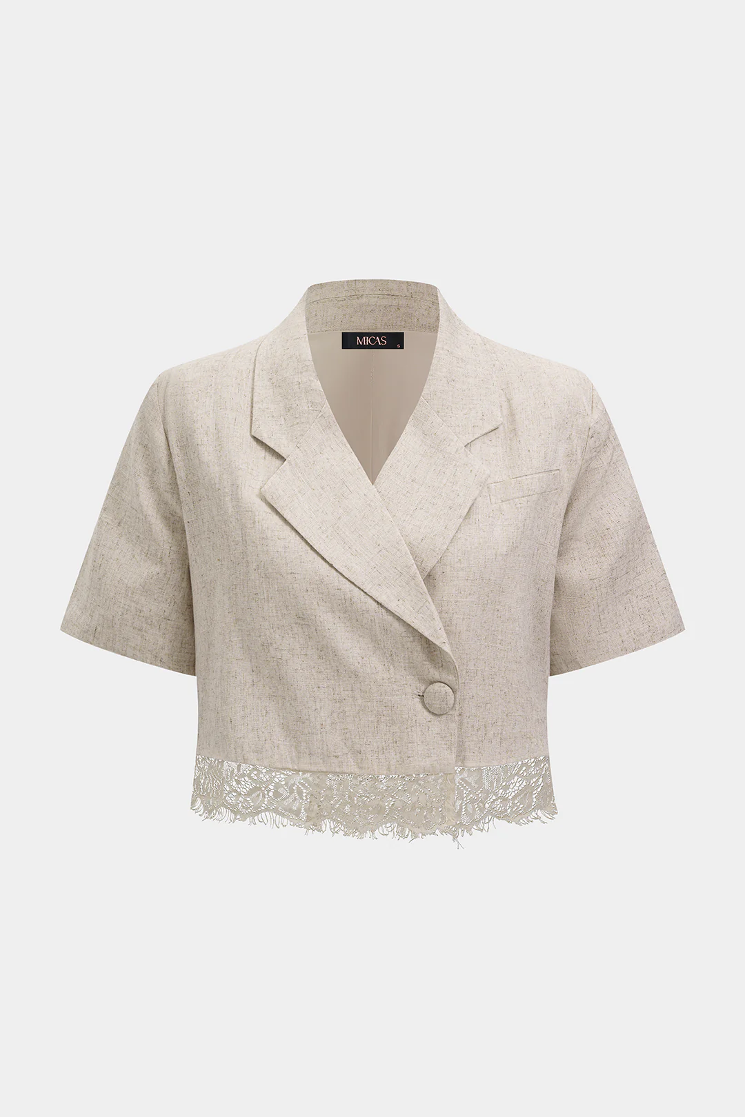 Patchwork Lace Notched Lapel V-Neck Short-Sleeve Shirt - Image 2