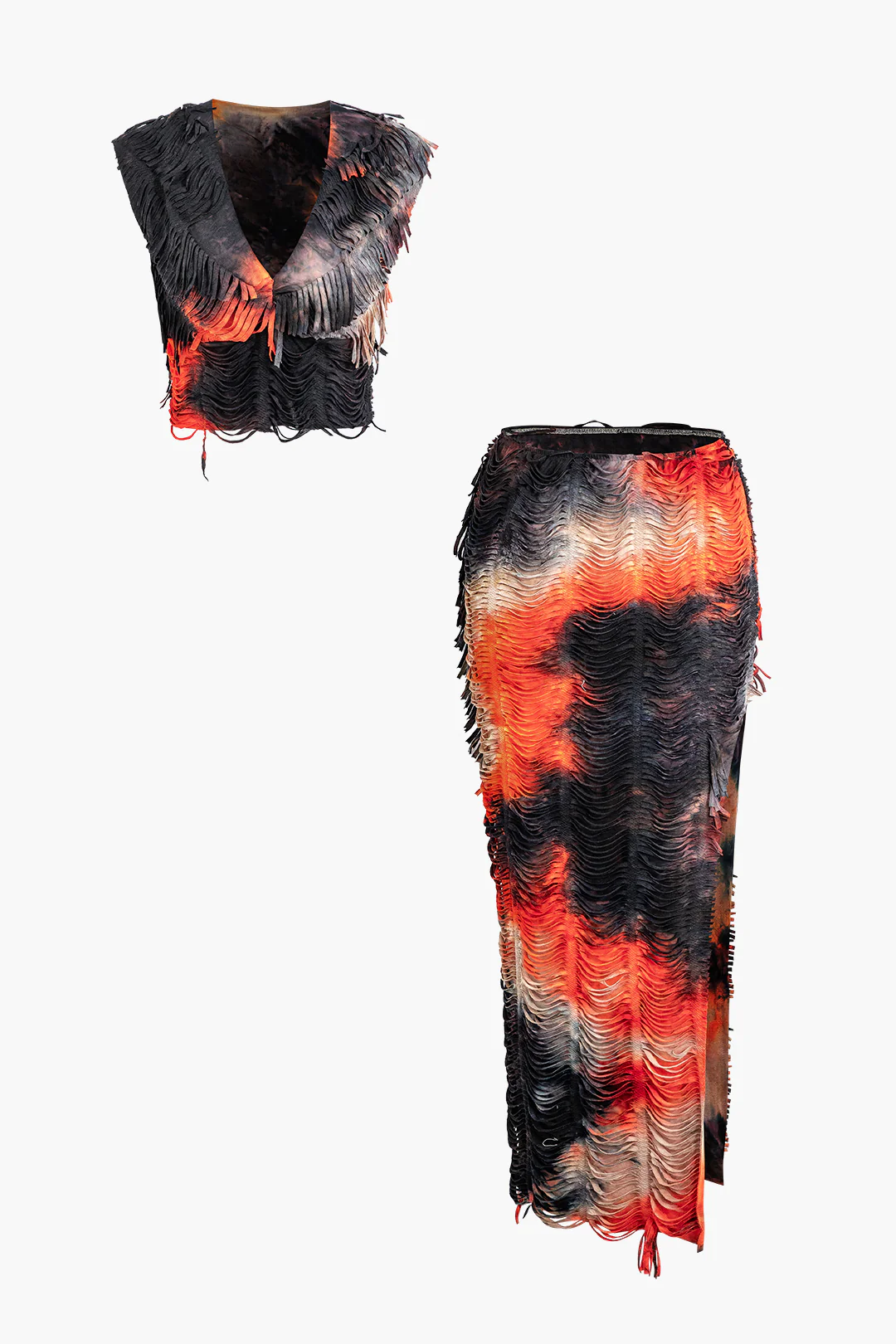 Distressed V-neck Cap Sleeve Crop Top And Slit Maxi Skirt Set - Image 26