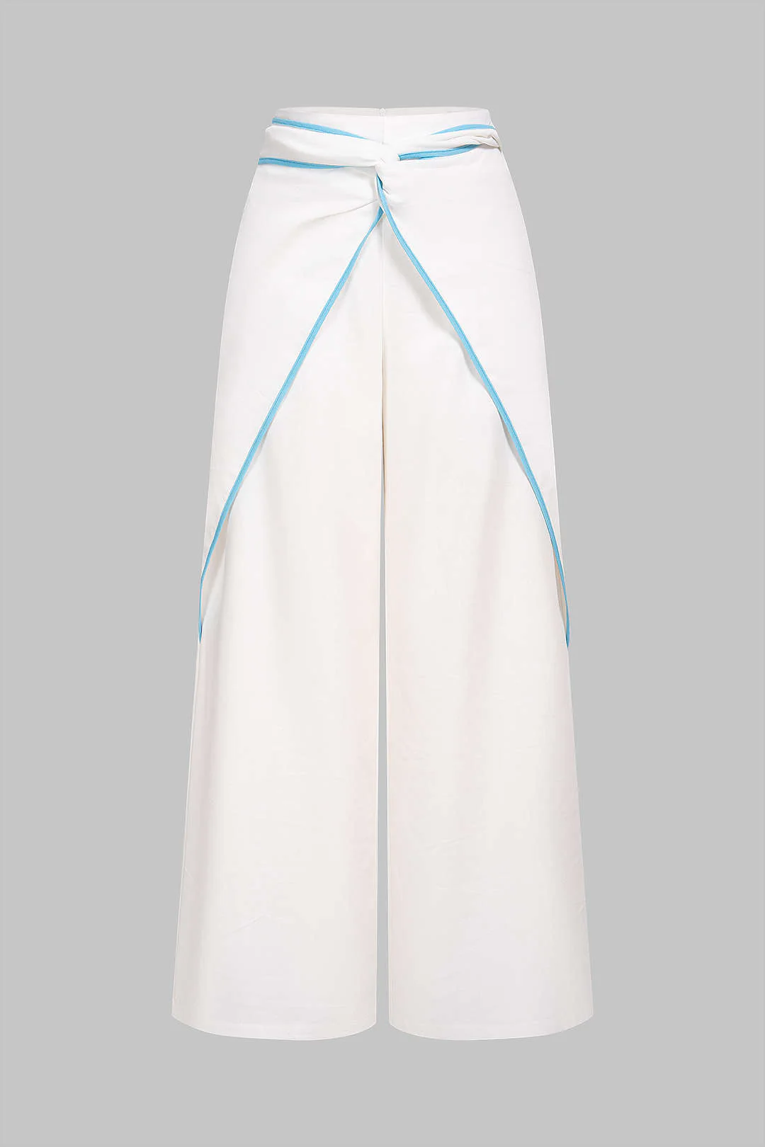 Contrast Binding Linen Ruched Twist Knot Wide Leg Pants - Image 3