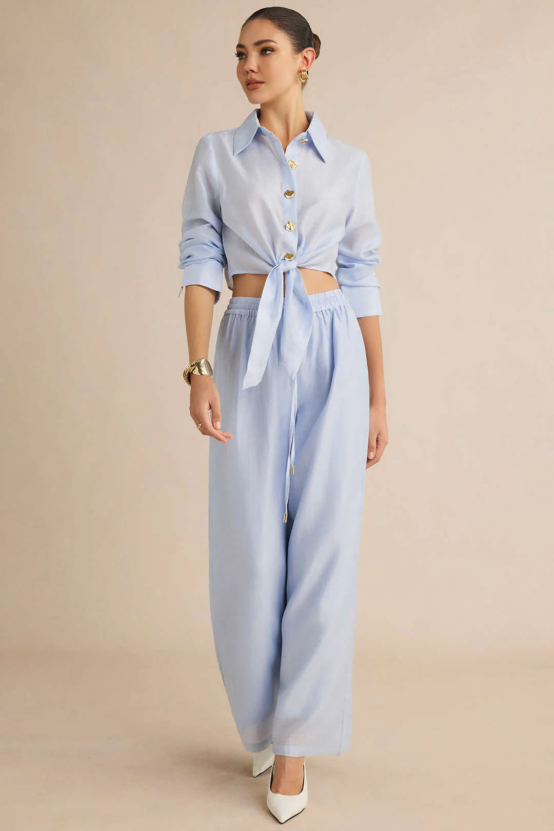 Solid Drawstring Wide Leg Pants - Image 5