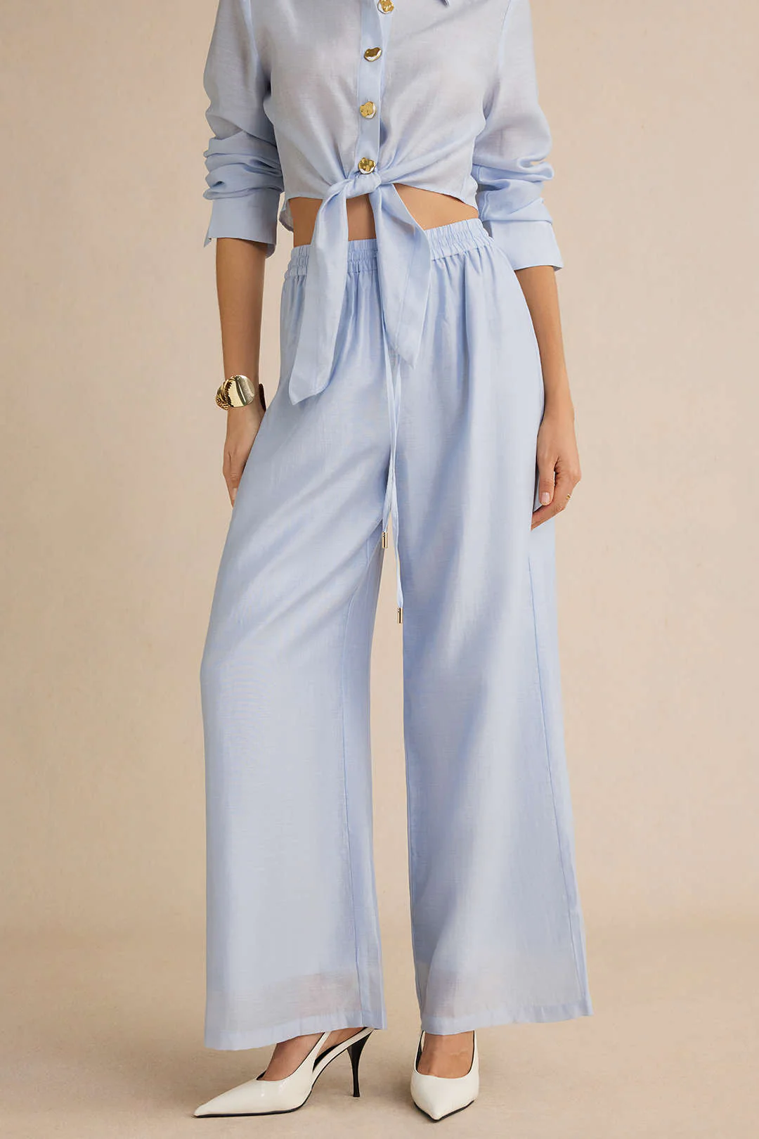 Solid Drawstring Wide Leg Pants - Image 6