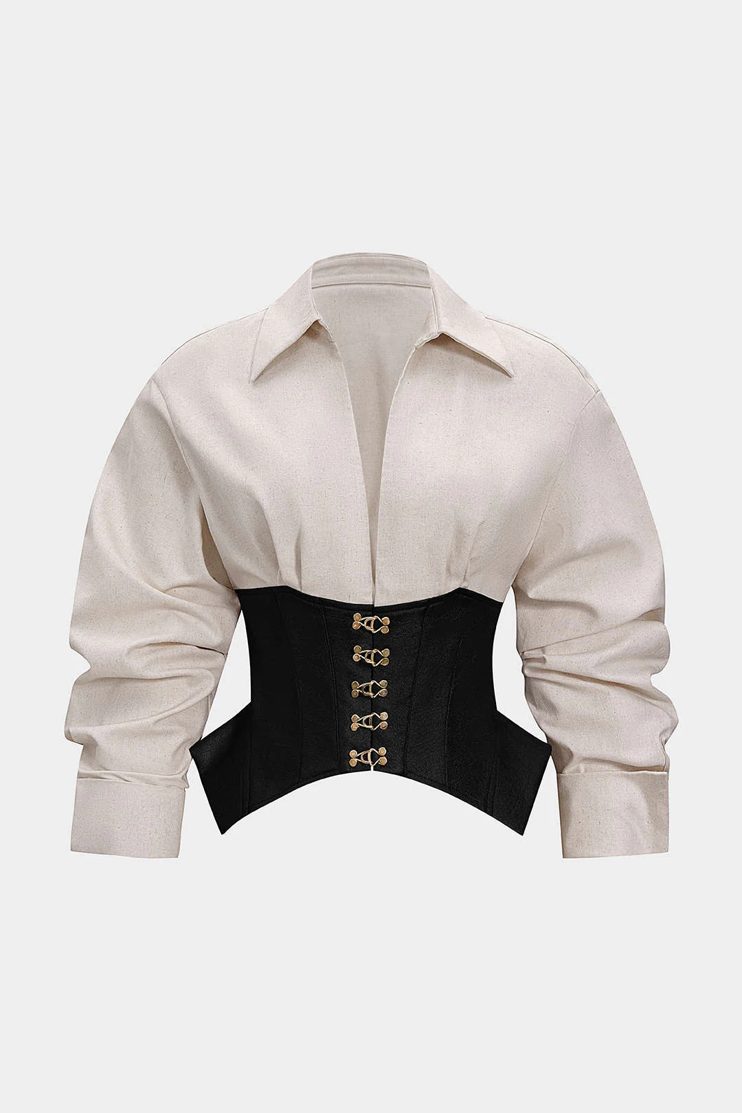 Linen Patchwork Metallic Buckle Long-Sleeve Shirt - Image 10