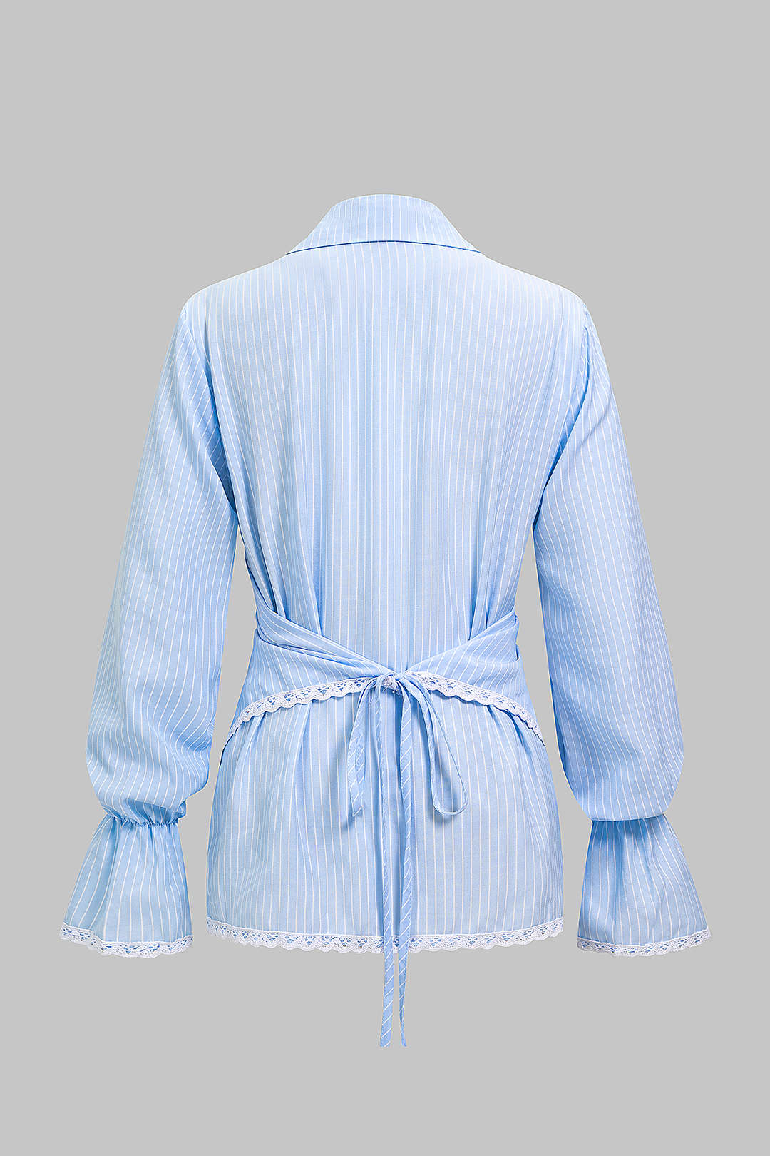 Stripes Print Lace Trim Crossed Tie Back Long Sleeve Shirt - Image 2