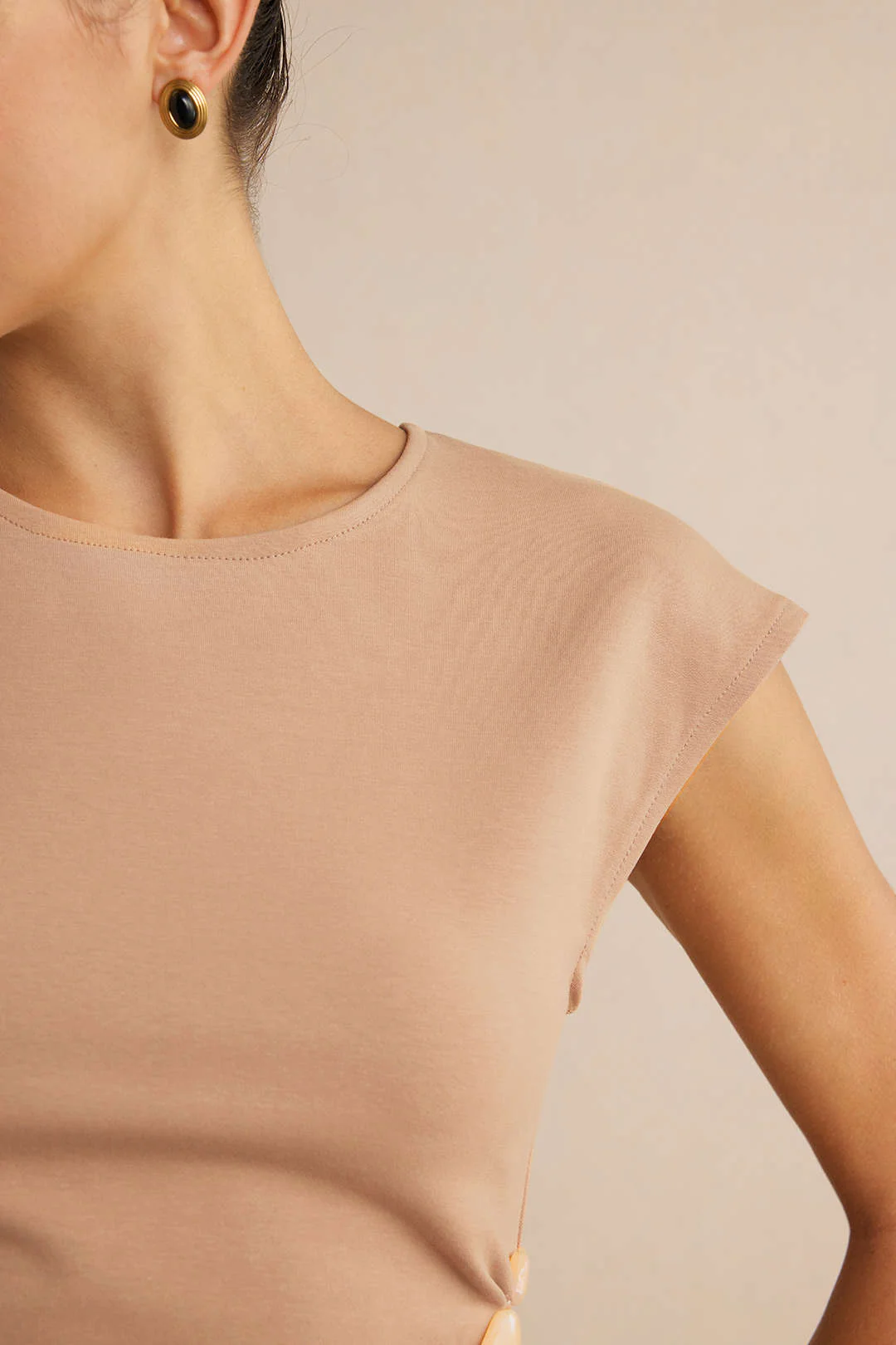 Round Neck Asymmetrical Beaded Cut Out T-Shirt - Image 3