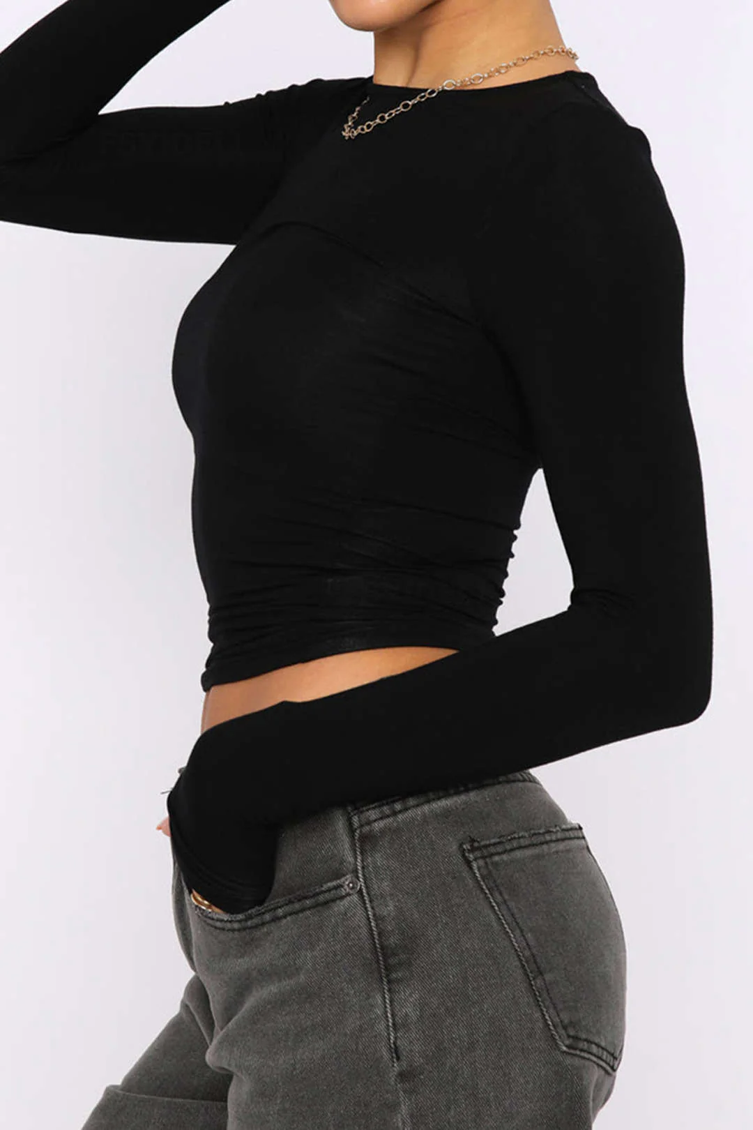 Basic Solid Round Neck Long Sleeve Top - Image 10