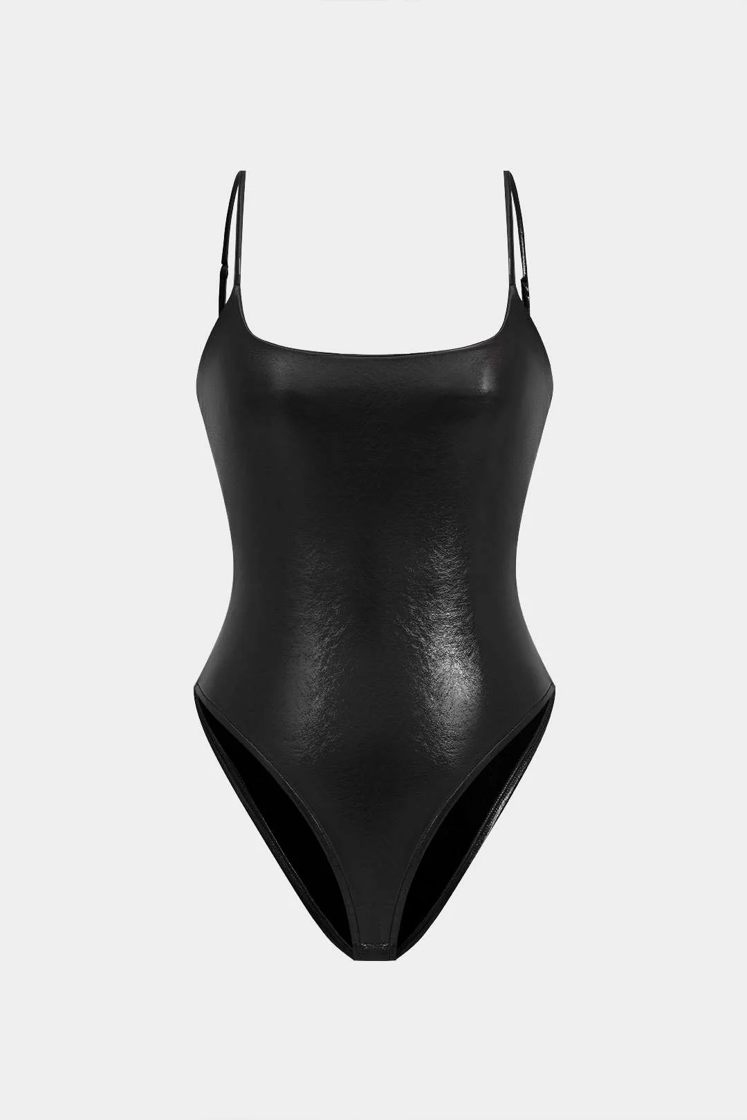 Basic Solid Faux Leather Sleeveless Bodysuit - Image 9