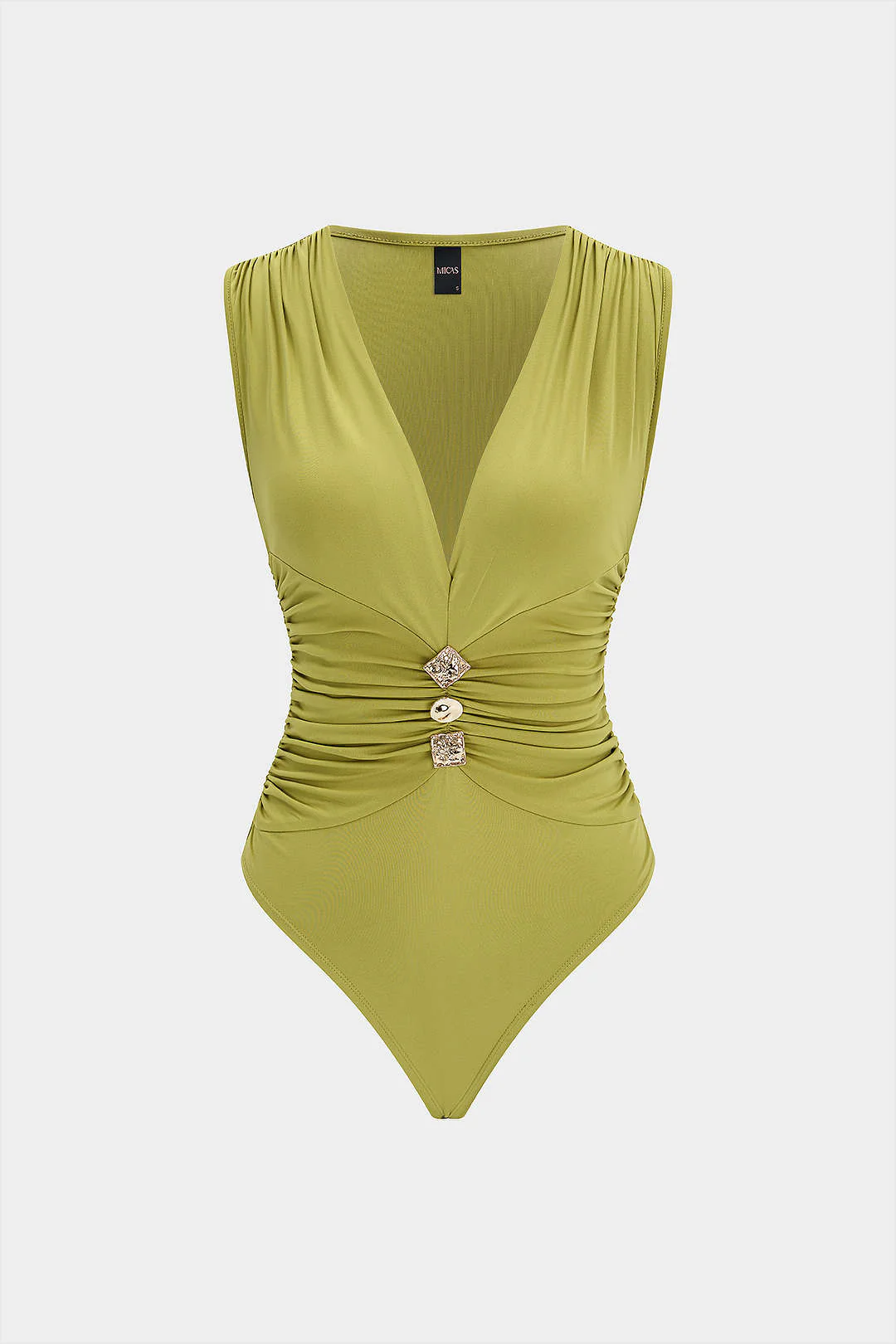 V-Neck Ruched Metallic Button Sleeveless Bodysuit