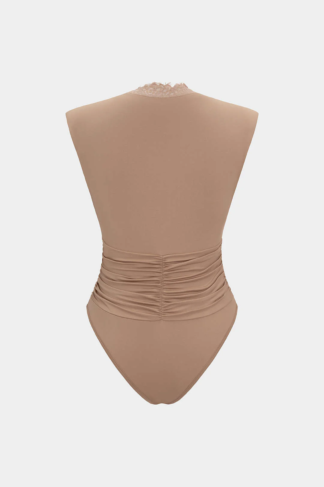 Patchwork Lace V-Neck Ruched Sleeveless Bodysuit - Image 2