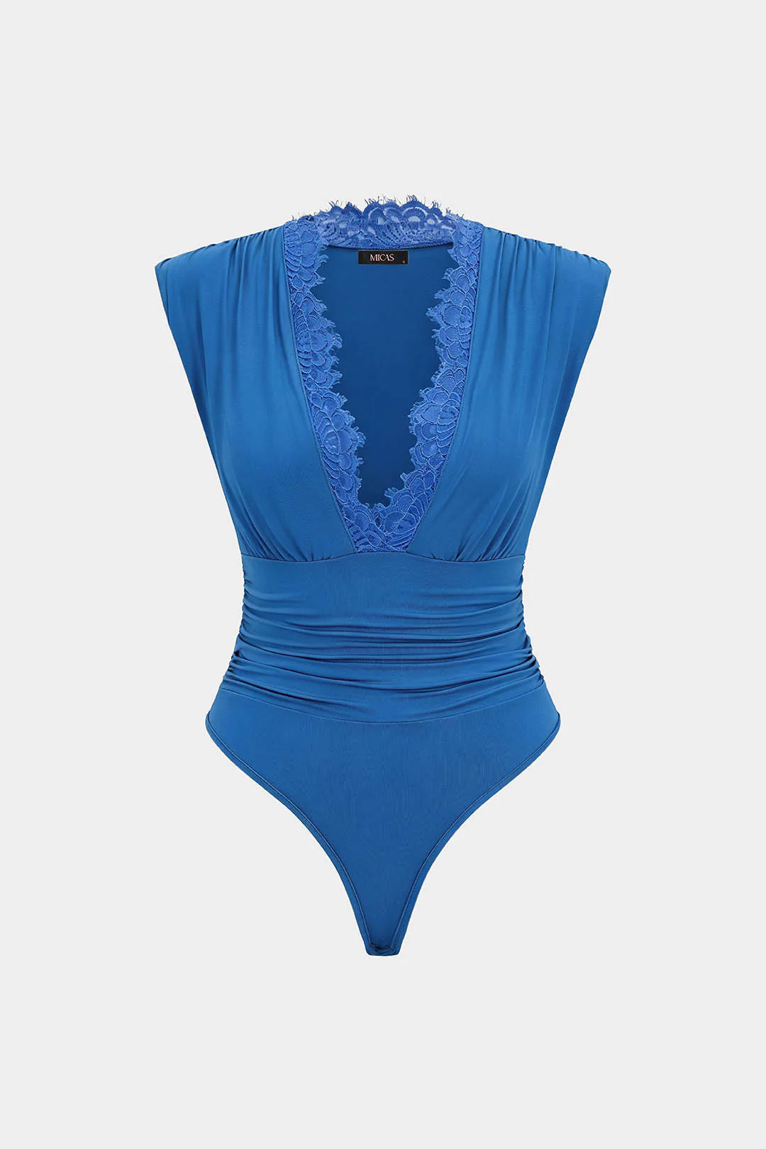 Patchwork Lace V-Neck Ruched Sleeveless Bodysuit - Image 5