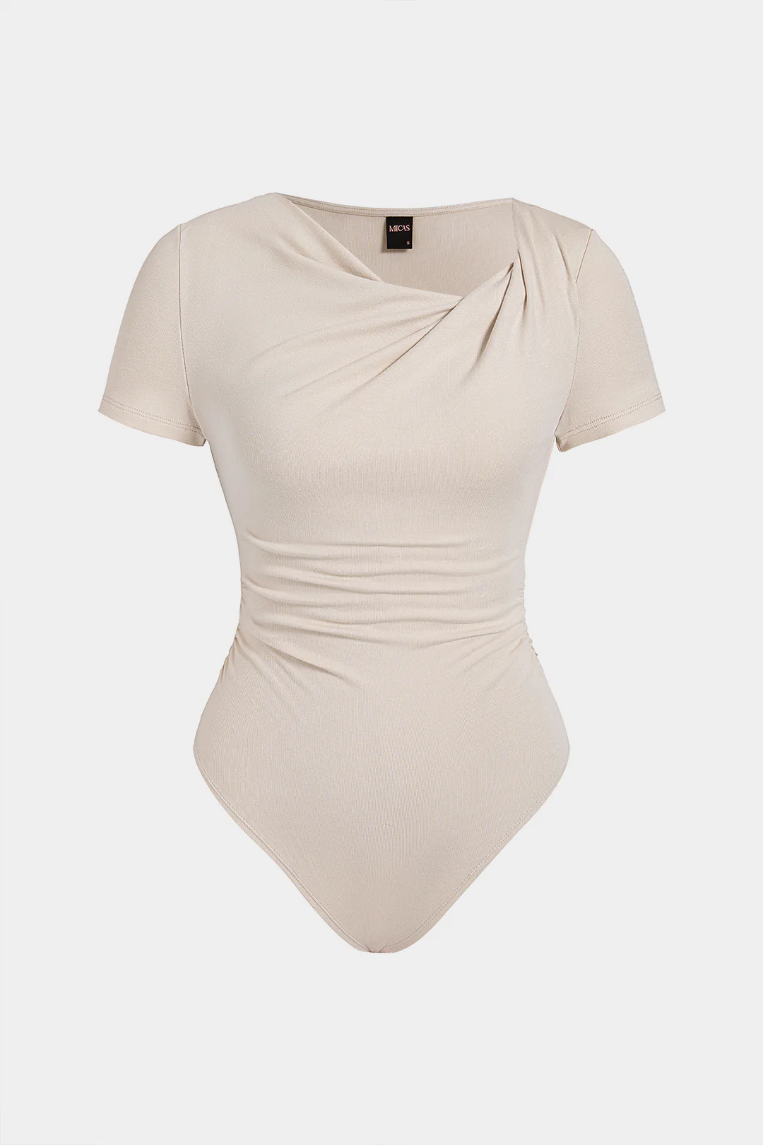 Solid Asymmetrical Ruched Short Sleeve Bodysuit