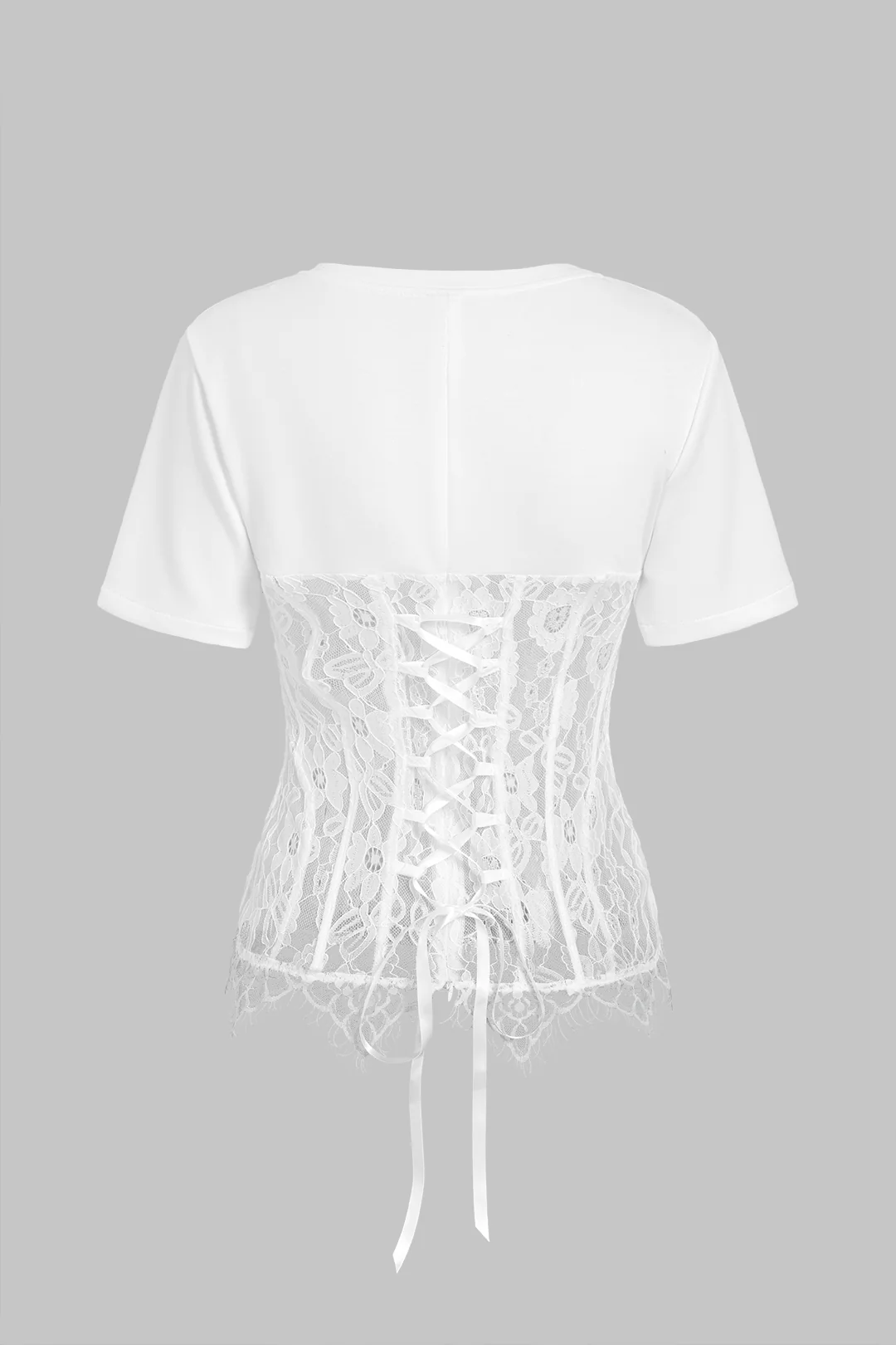 Patchwork Lace Corset Tie Back Short Sleeve T-Shirt - Image 2