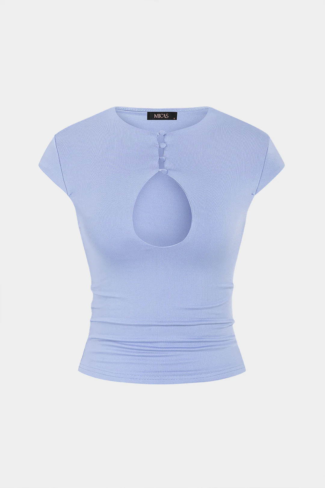 Solid Round Neck Cut Out Button Short Sleeve T-Shirt - Image 2