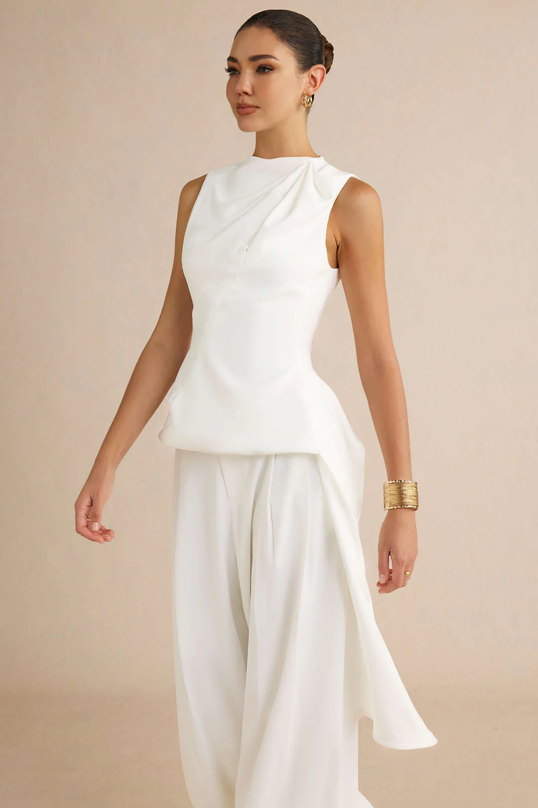 Solid Round Neck Ruched Asymmetrical Tank Top