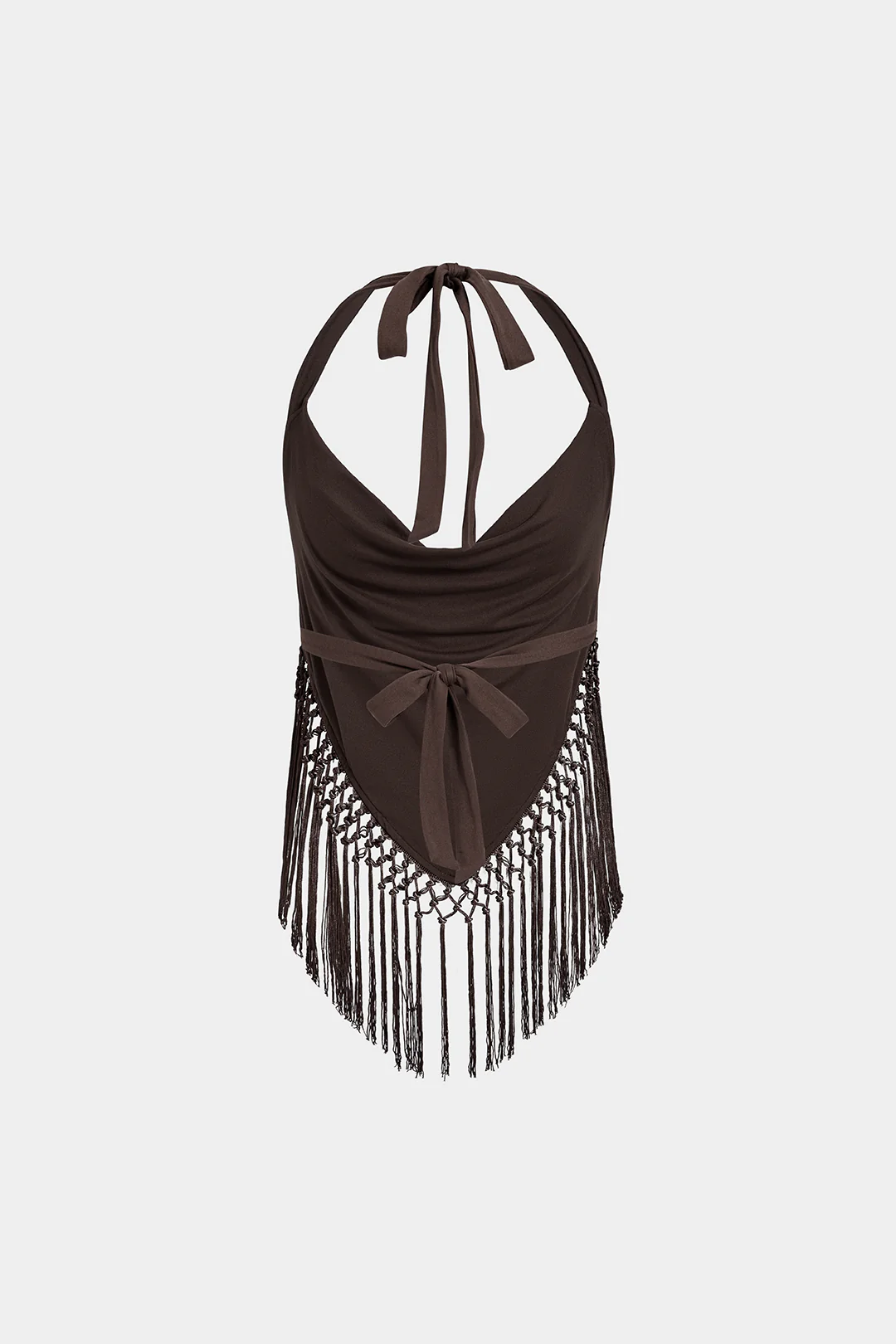 Halter Draped Cowl Neck Fringe Tie-Up Backless Cami Top - Image 2