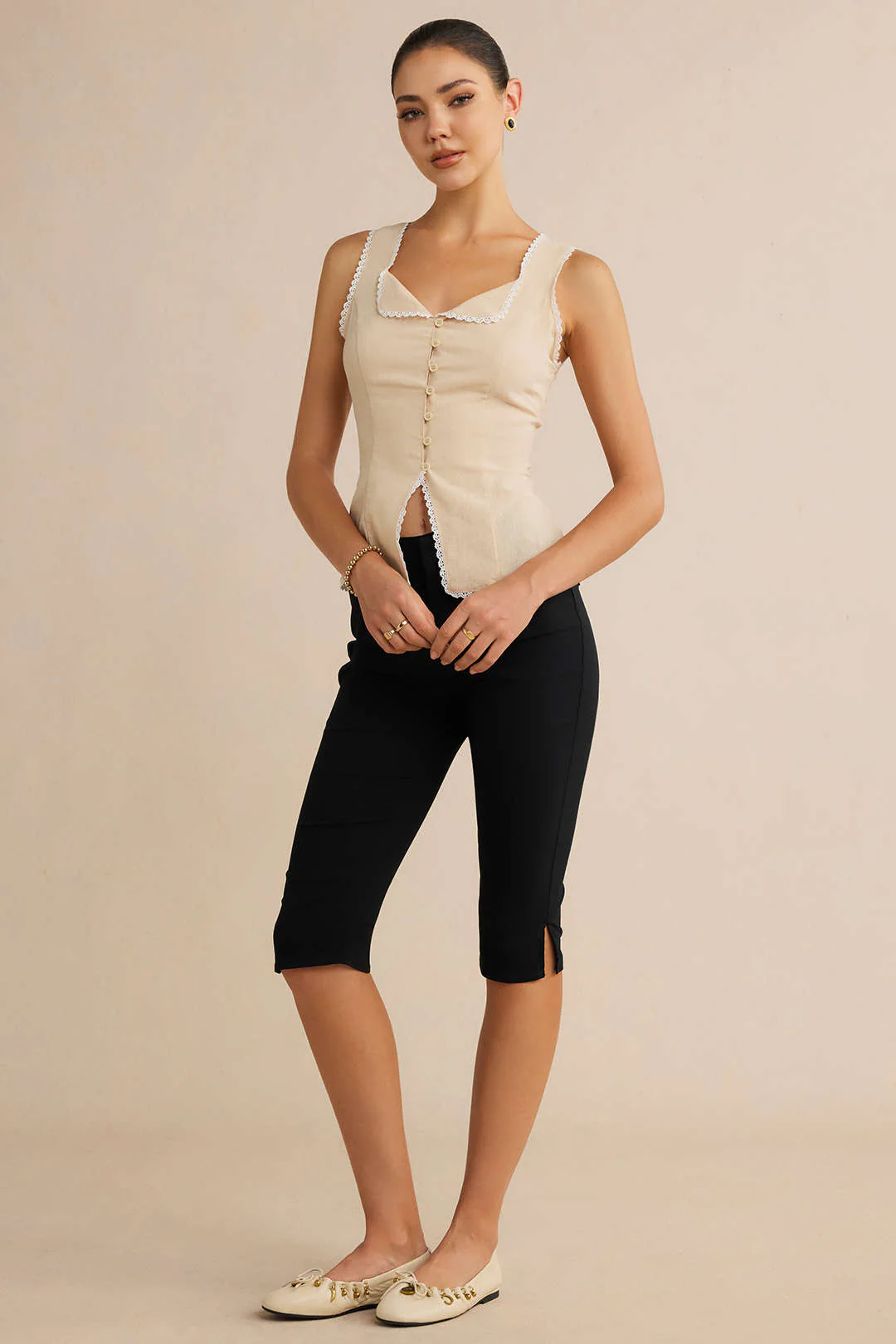 Lace Trim Lapel Button Tank Top - Image 4
