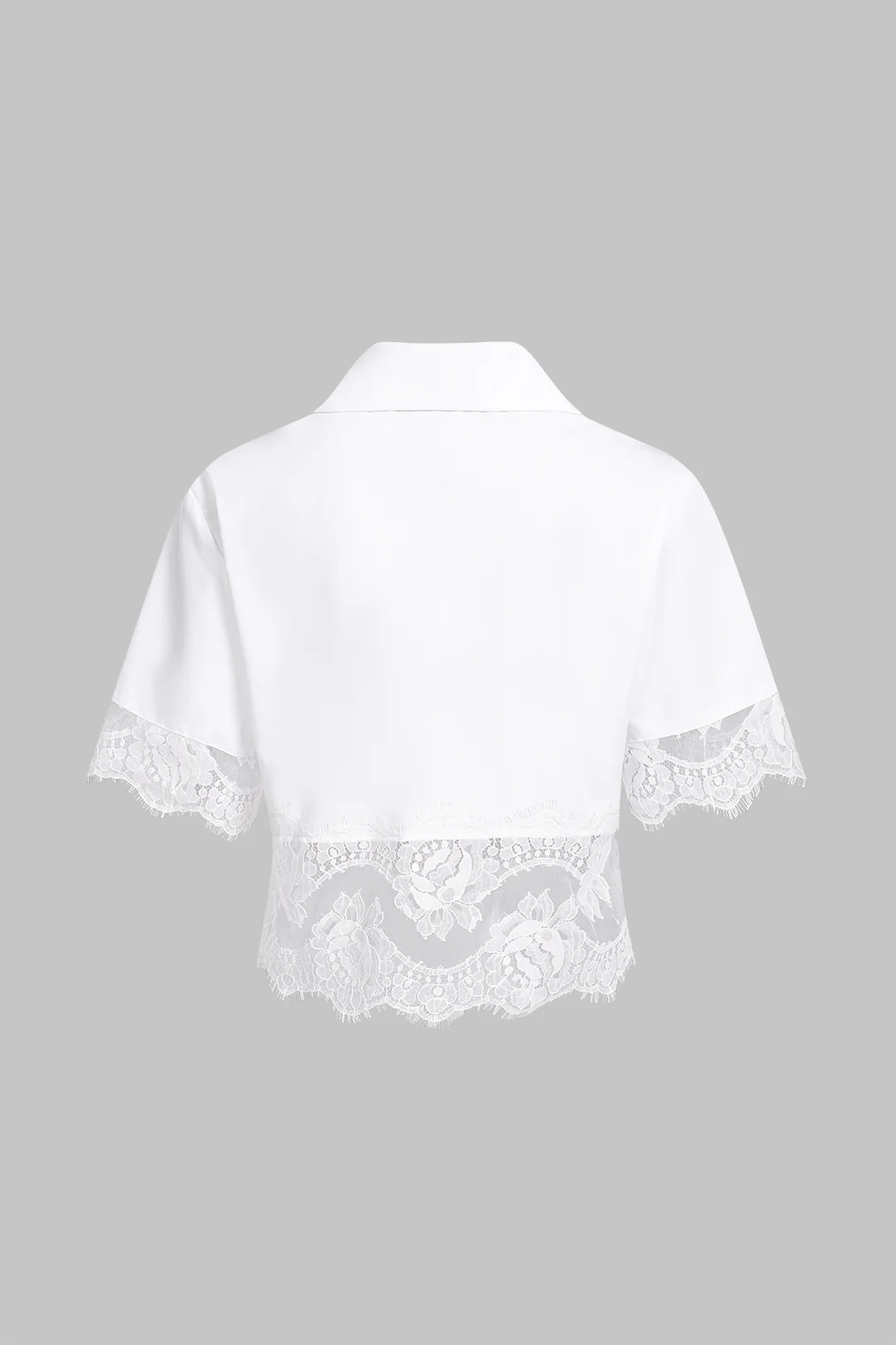 Lace Trim Patchwork Metallic Button Short-Sleeve Shirt - Image 2
