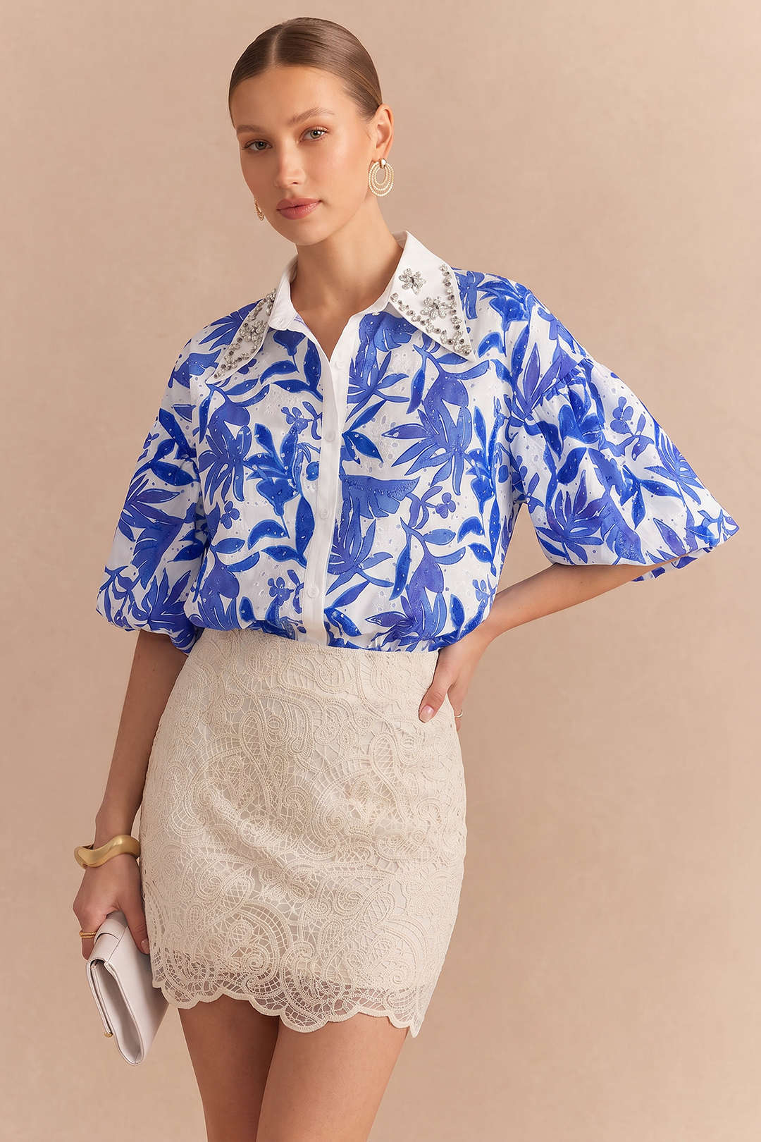 Floral Leaves Print Rhinestone Cut Out Short-Sleeve Shirt