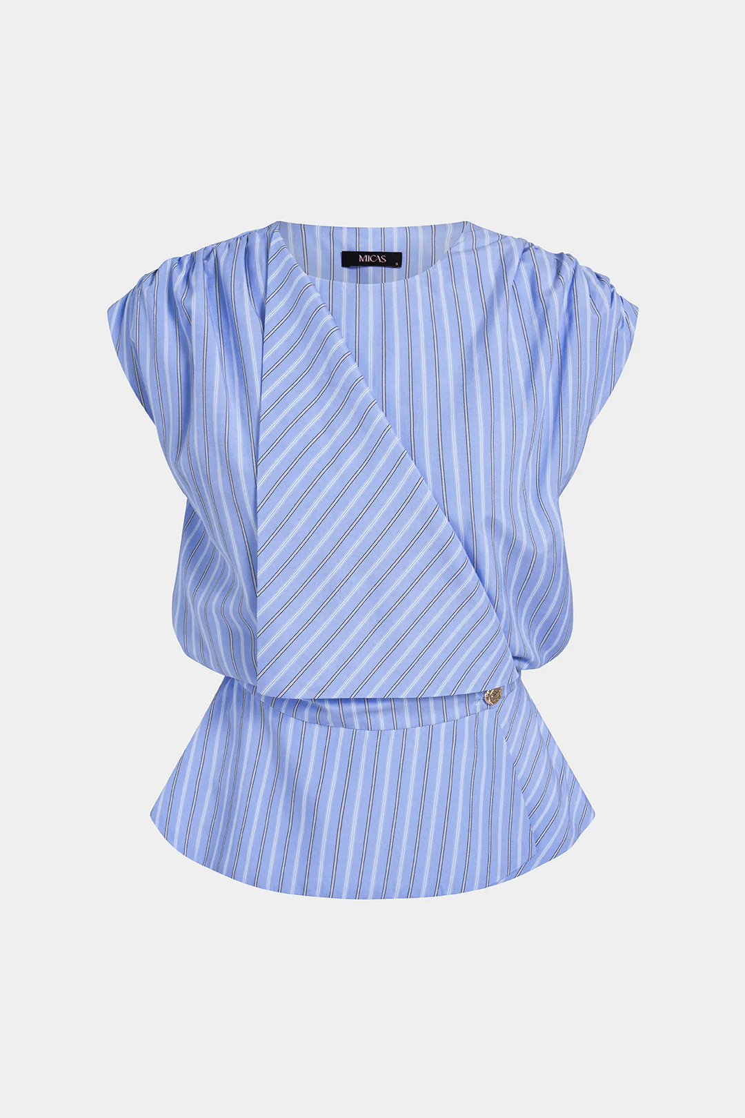 Stripes Print Round Neck Asymmetrical Metallic Button Shirt - Image 2