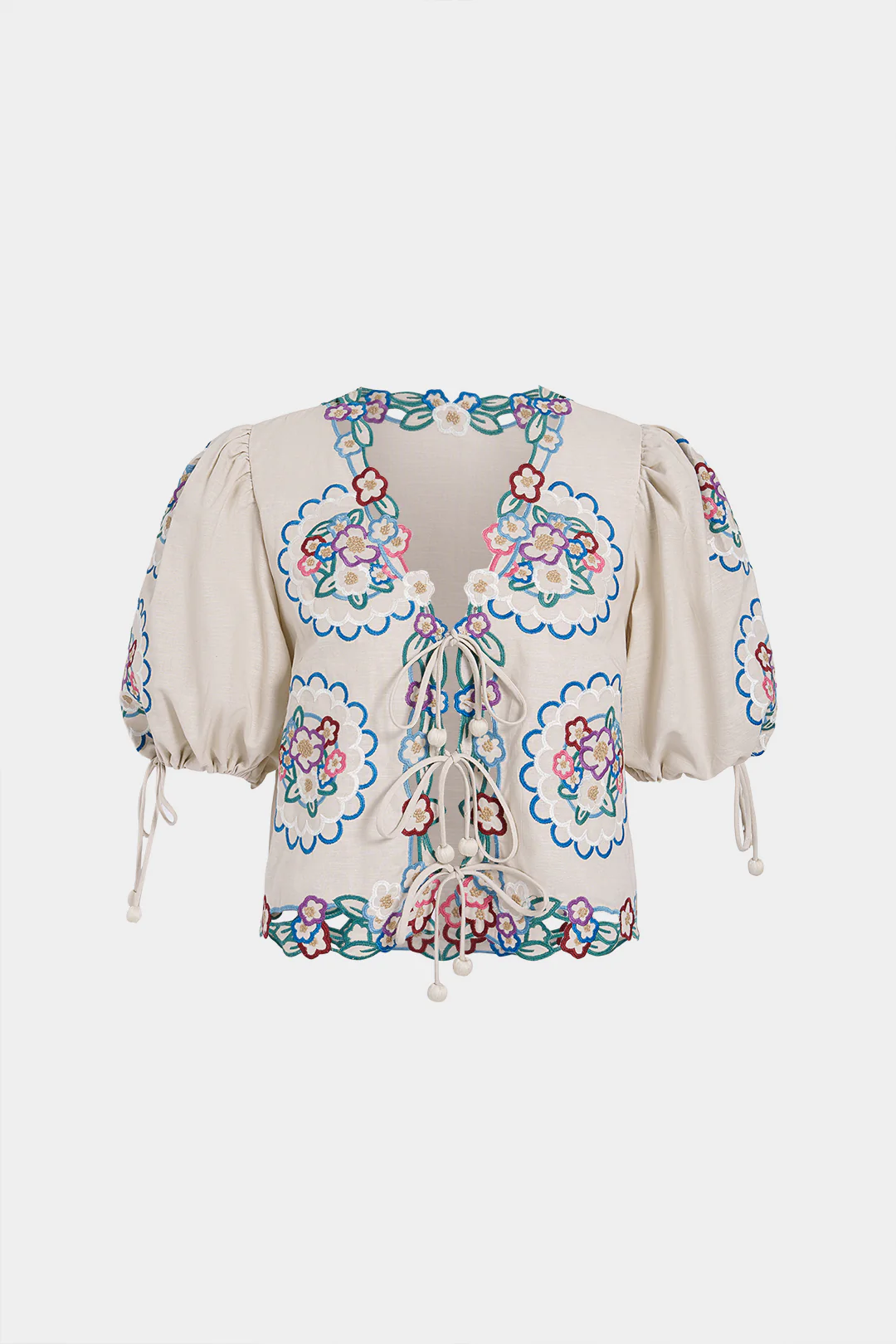Floral Print V-Neck Embroidery Tie-Up Cut Out Short-Sleeve Shirt