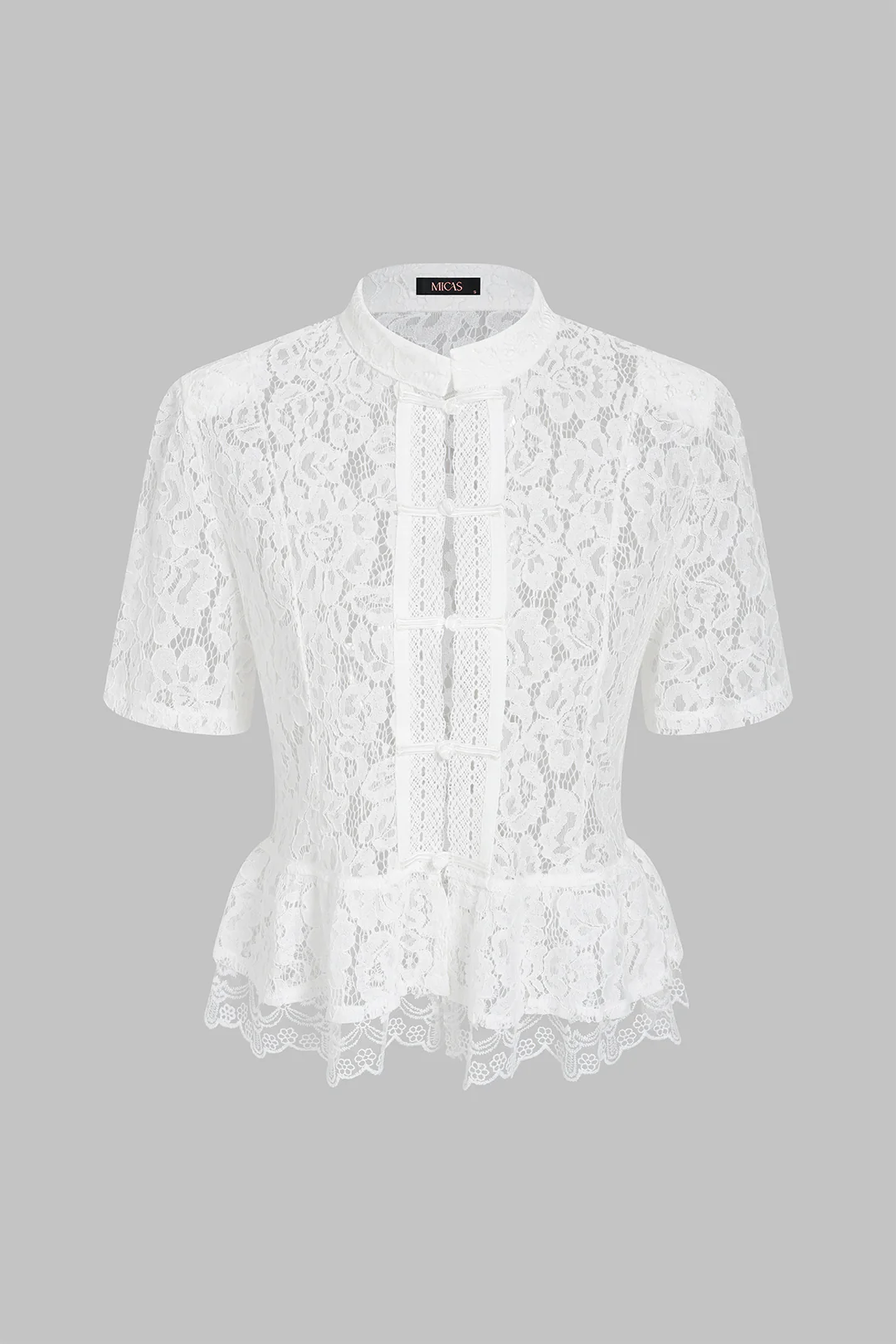 Lace Cut Out Button Ruched Short-Sleeve Shirt - Image 2